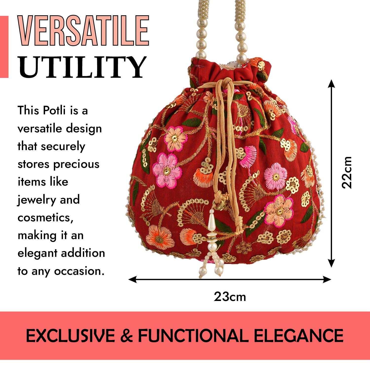 Kuber Industries Potli | Silk Wedding Potli | Christmas Gift Potli | Baby Shower Potli | Traditional Shagun Potli | Drawstring with Beads Handle Potli | New Flower Embroidery Potli | Pack of 3 | Multi