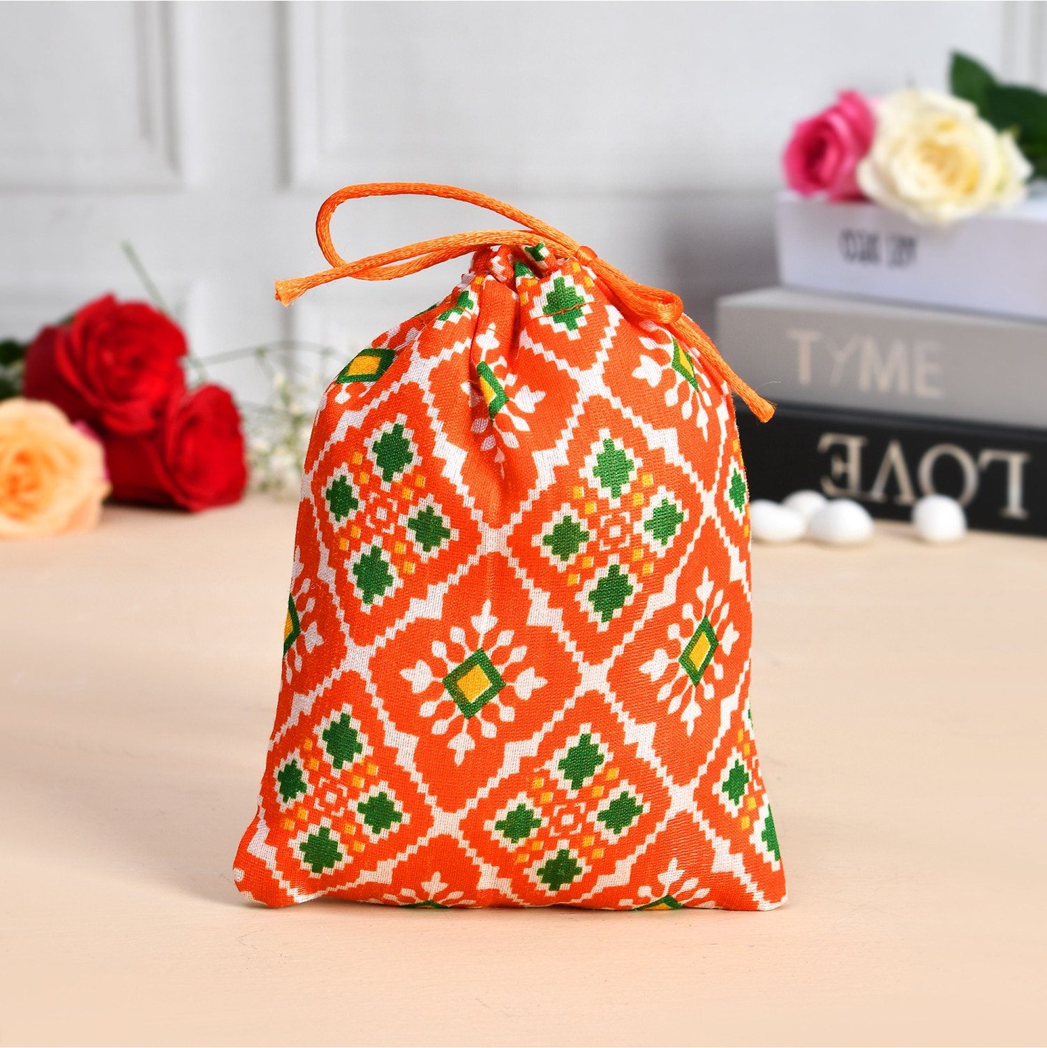 Kuber Industries Potli  Silk Wedding Potli  Drawstring Closure Potli  Wallet Potli  Christmas Gift Potli  Baby Shower Potli  Small-Patola-Print Potli  5x7 Inch  Pack of 4  Orange