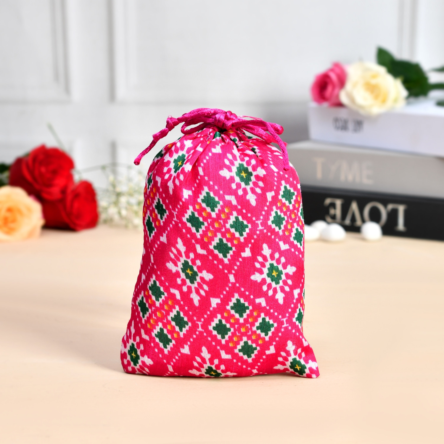 Kuber Industries Potli  Silk Wedding Potli  Drawstring Closure Potli  Wallet Potli  Christmas Gift Potli  Baby Shower Potli  Small-Patola-Print Potli  5x7 Inch  Pack of 4  Rani