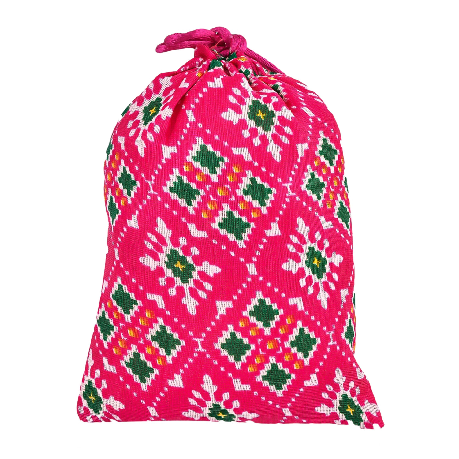 Kuber Industries Potli  Silk Wedding Potli  Drawstring Closure Potli  Wallet Potli  Christmas Gift Potli  Baby Shower Potli  Small-Patola-Print Potli  5x7 Inch  Pack of 4  Rani