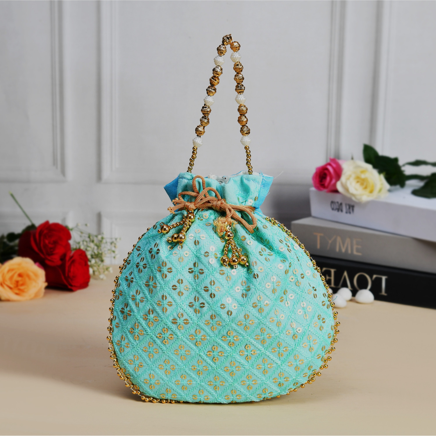 Kuber Industries Potli  Silk Wedding Potli  Drawstring Closure Potli  Wallet Potli  Christmas Gift Potli  Baby Shower Potli  Traditional Shagun Potli  Single Side Sequins-Potli  Firozi