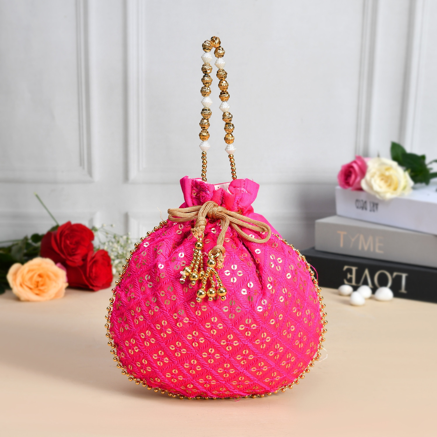 Kuber Industries Potli  Silk Wedding Potli  Drawstring Closure Potli  Wallet Potli  Christmas Gift Potli  Baby Shower Potli  Traditional Shagun Potli  Single Side Sequins-Potli  Rani