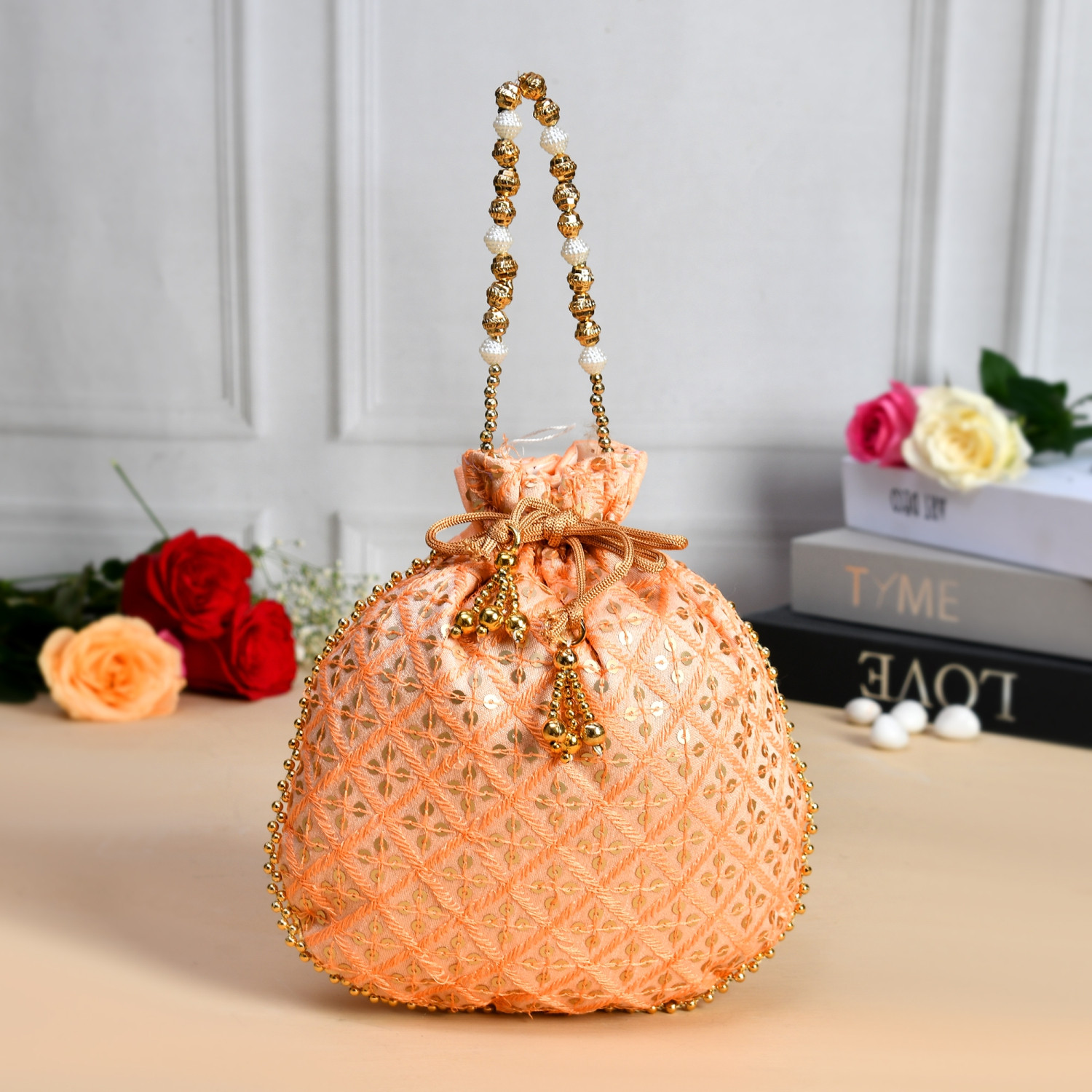 Kuber Industries Potli  Silk Wedding Potli  Drawstring Closure Potli  Wallet Potli  Christmas Gift Potli  Baby Shower Potli  Traditional Shagun Potli  Single Side Sequins-Potli  Peach