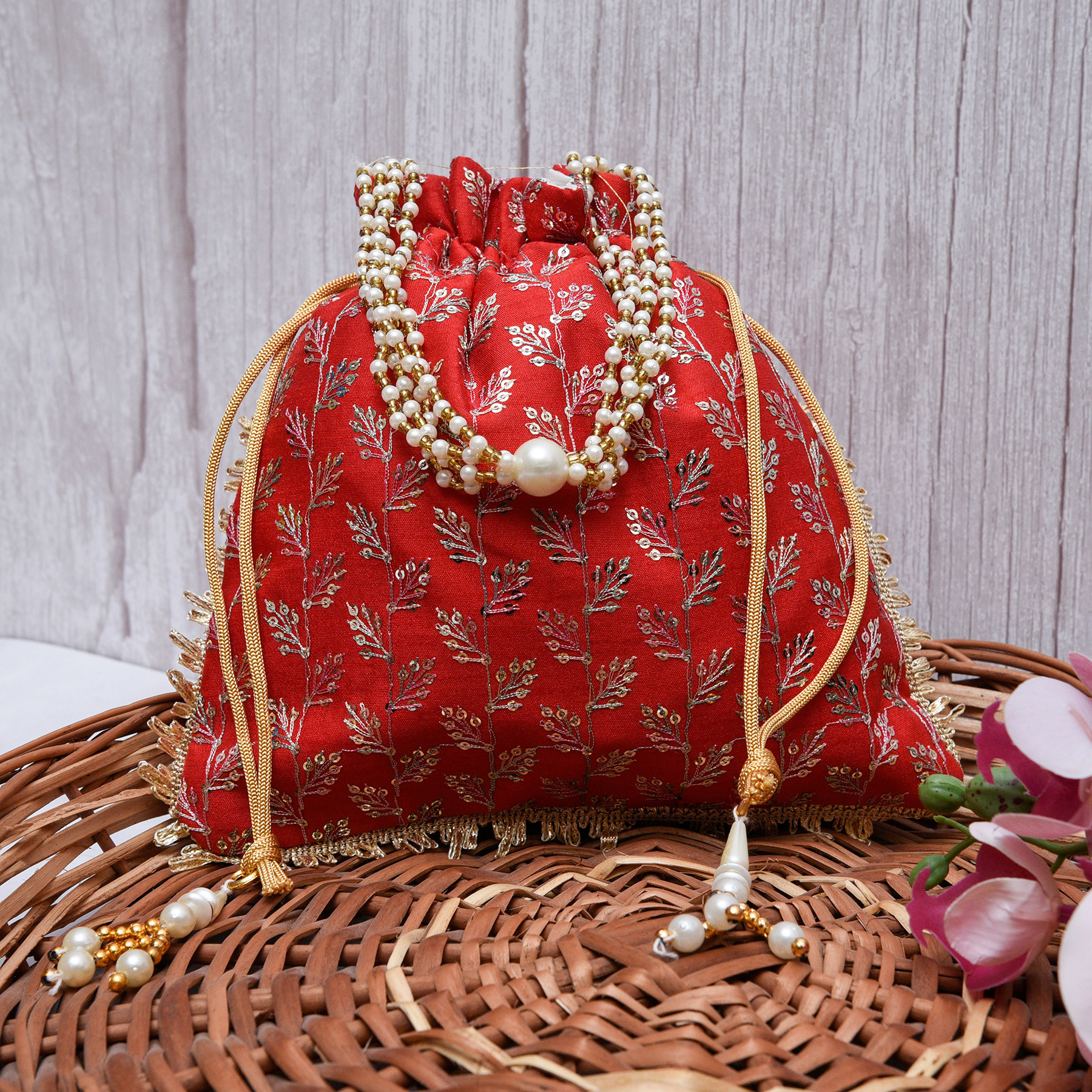 Kuber Industries Potli  Silk Wedding Potli  Drawstring Closure Potli  Wallet Potli  Christmas Gift Potli  Baby Shower Potli  Traditional Shagun Potli  Square Embroidery Potli  Red