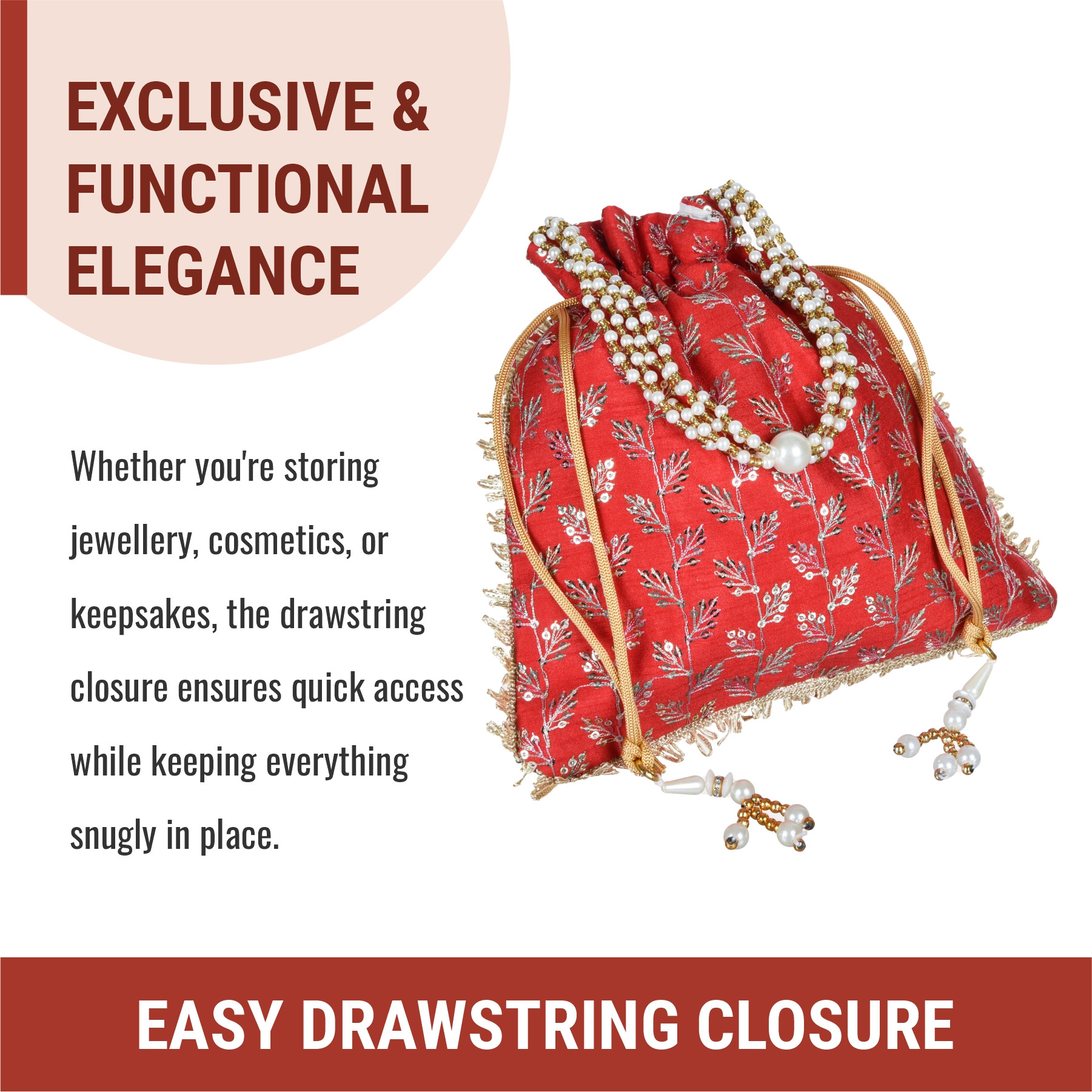 Kuber Industries Potli  Silk Wedding Potli  Drawstring Closure Potli  Wallet Potli  Christmas Gift Potli  Baby Shower Potli  Traditional Shagun Potli  Square Embroidery Potli  Red