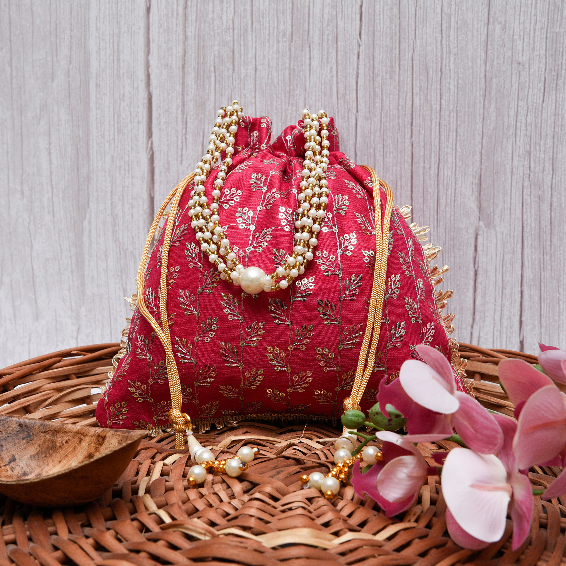 Kuber Industries Potli  Silk Wedding Potli  Drawstring Closure Potli  Wallet Potli  Christmas Gift Potli  Baby Shower Potli  Traditional Shagun Potli  Square Embroidery Potli  Rani