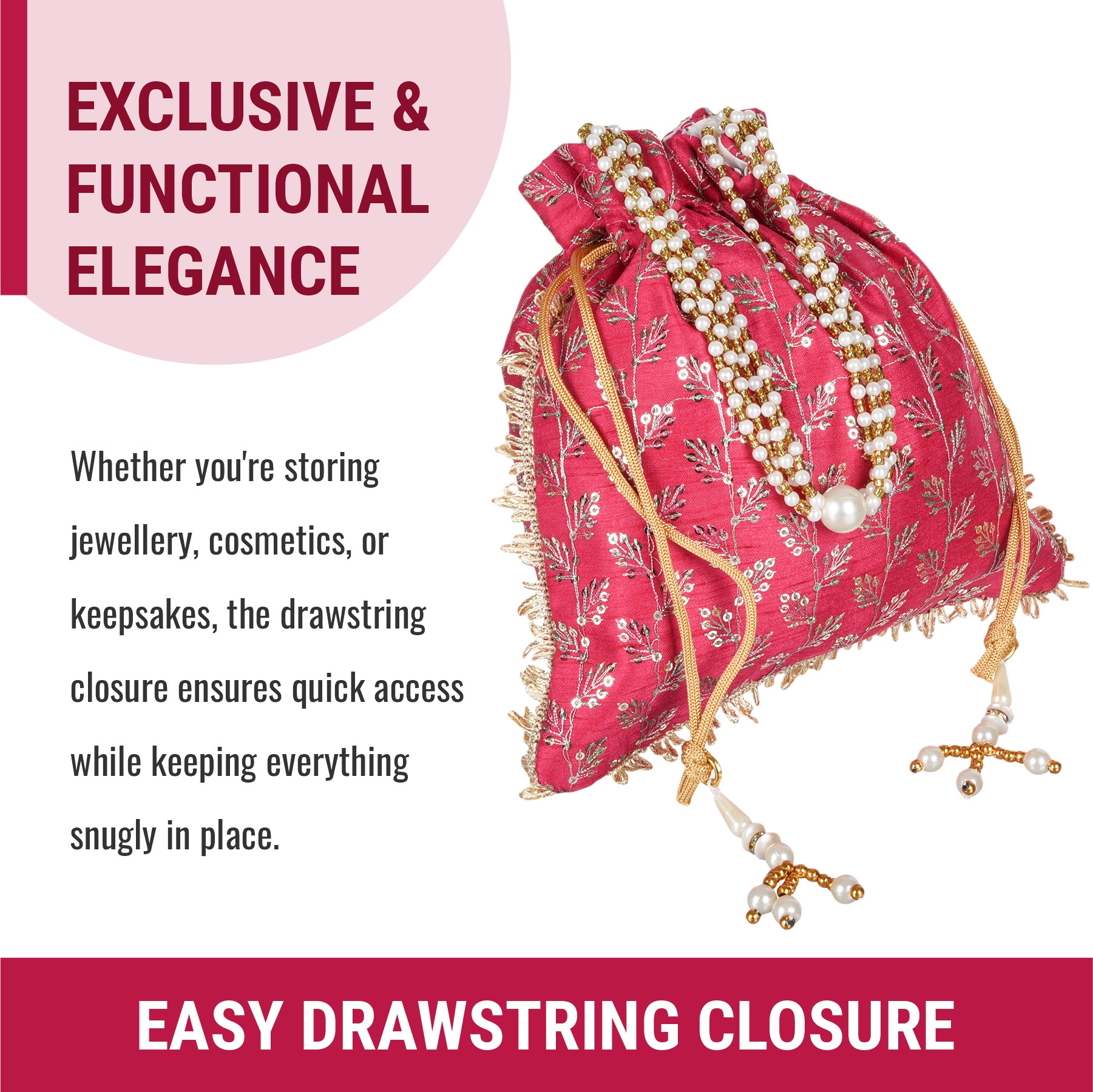 Kuber Industries Potli  Silk Wedding Potli  Drawstring Closure Potli  Wallet Potli  Christmas Gift Potli  Baby Shower Potli  Traditional Shagun Potli  Square Embroidery Potli  Rani