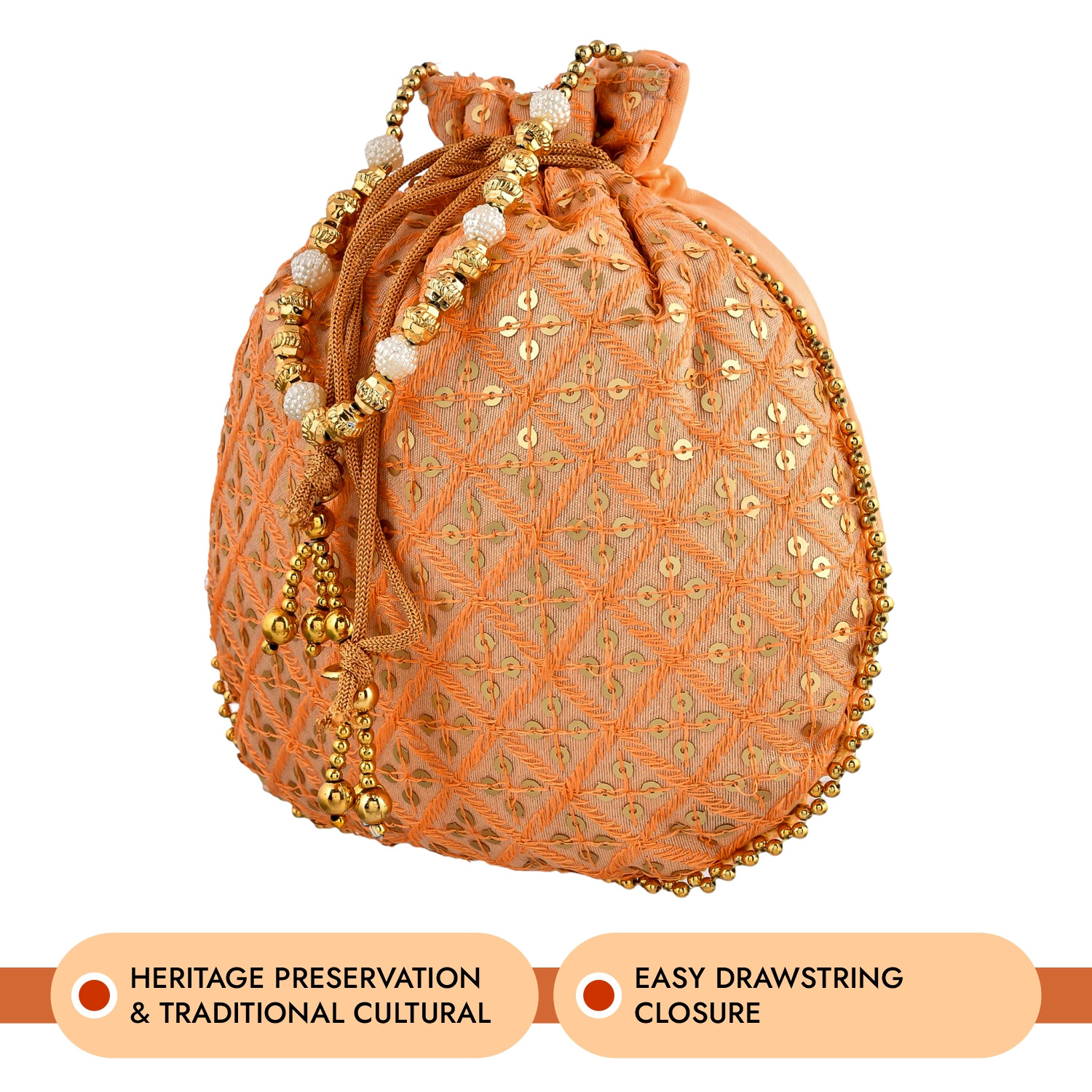 Kuber Industries Potli | Silk Wedding Potli | Drawstring Closure Potli | Wallet Potli | Christmas Gift Potli | Baby Shower Potli | Traditional Shagun Potli | Single Side Sequins-Potli | Peach
