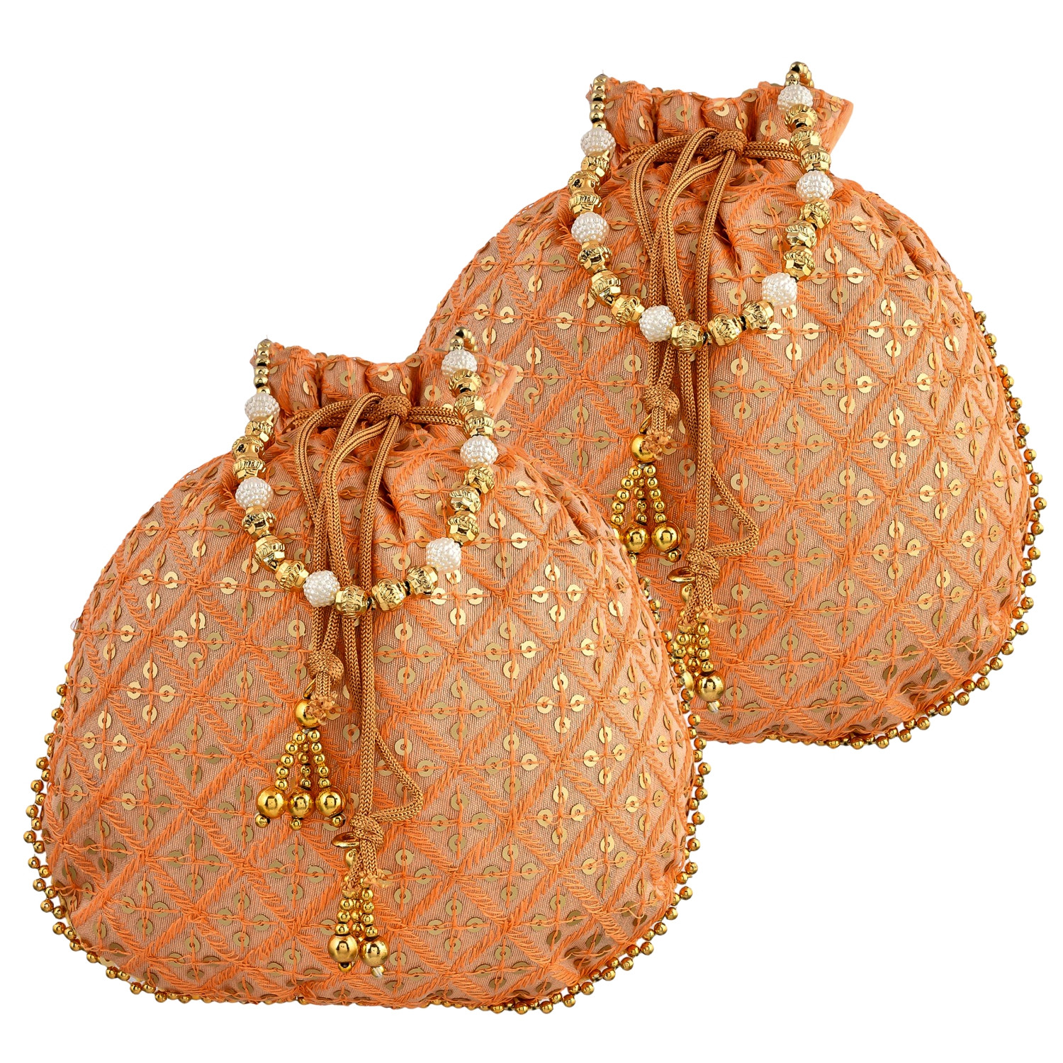 Kuber Industries Potli | Silk Wedding Potli | Drawstring Closure Potli | Wallet Potli | Christmas Gift Potli | Baby Shower Potli | Traditional Shagun Potli | Single Side Sequins-Potli | Peach