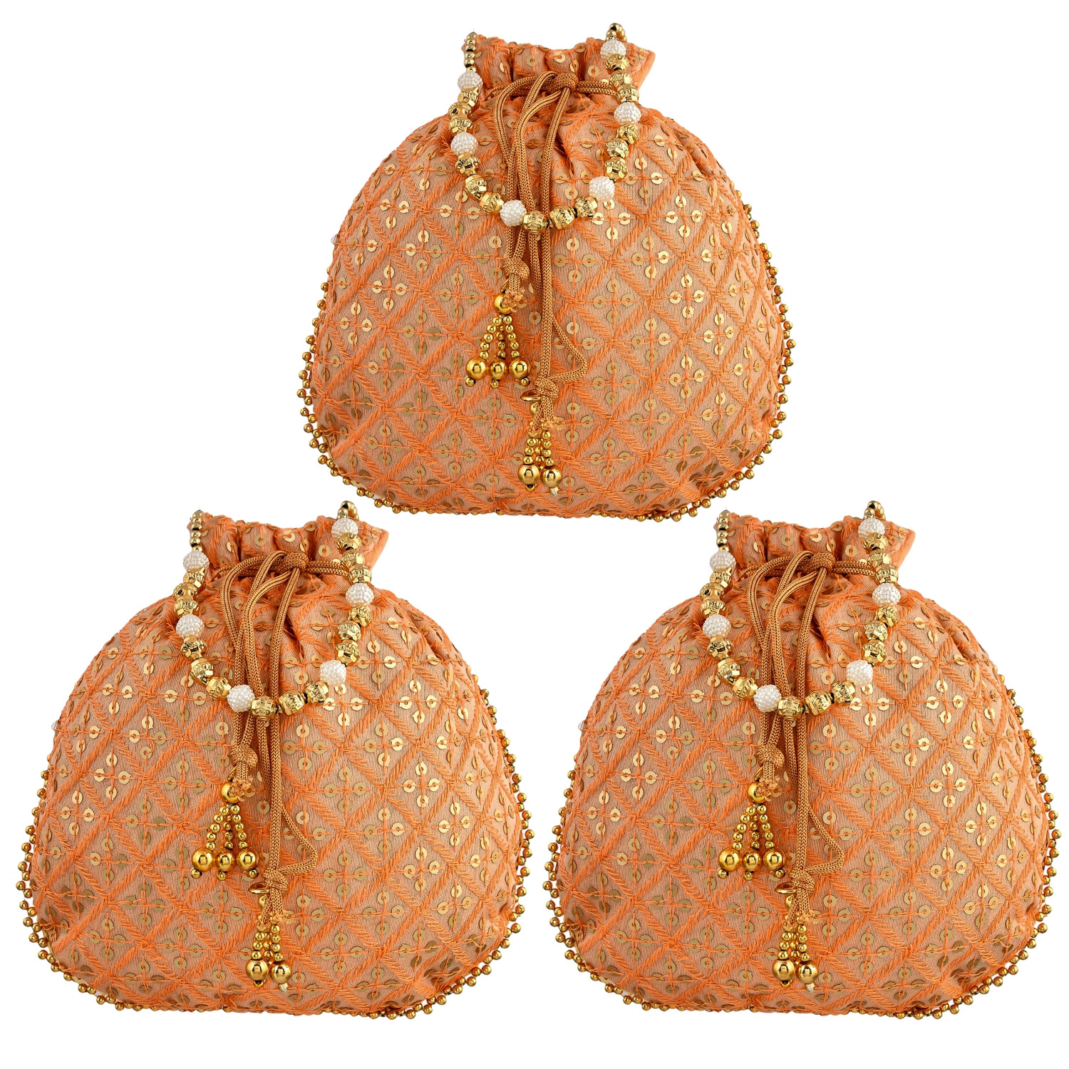 Kuber Industries Potli | Silk Wedding Potli | Drawstring Closure Potli | Wallet Potli | Christmas Gift Potli | Baby Shower Potli | Traditional Shagun Potli | Single Side Sequins-Potli | Peach