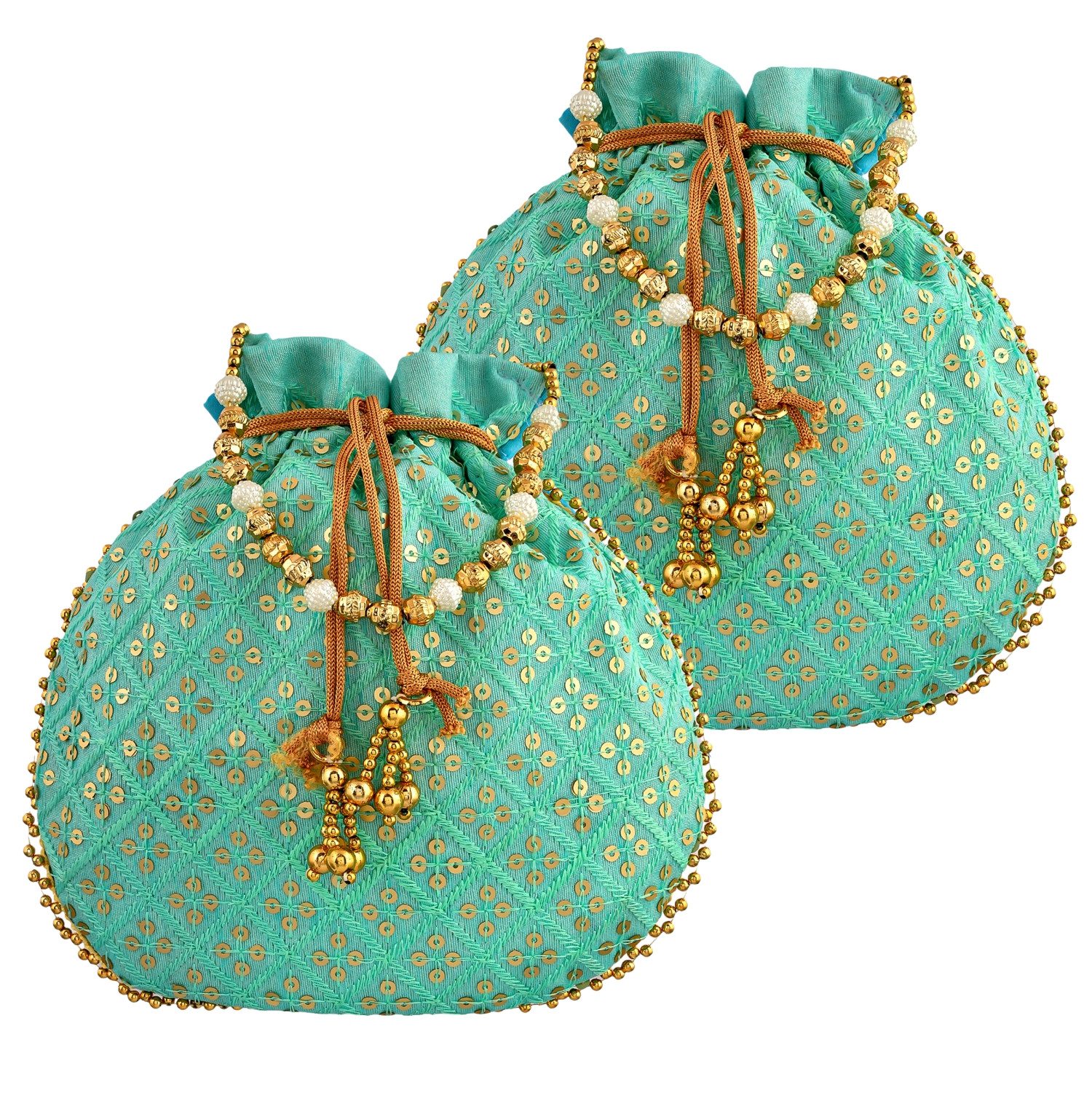 Kuber Industries Potli | Silk Wedding Potli | Drawstring Closure Potli | Wallet Potli | Christmas Gift Potli | Baby Shower Potli | Traditional Shagun Potli | Single Side Sequins-Potli | Firozi