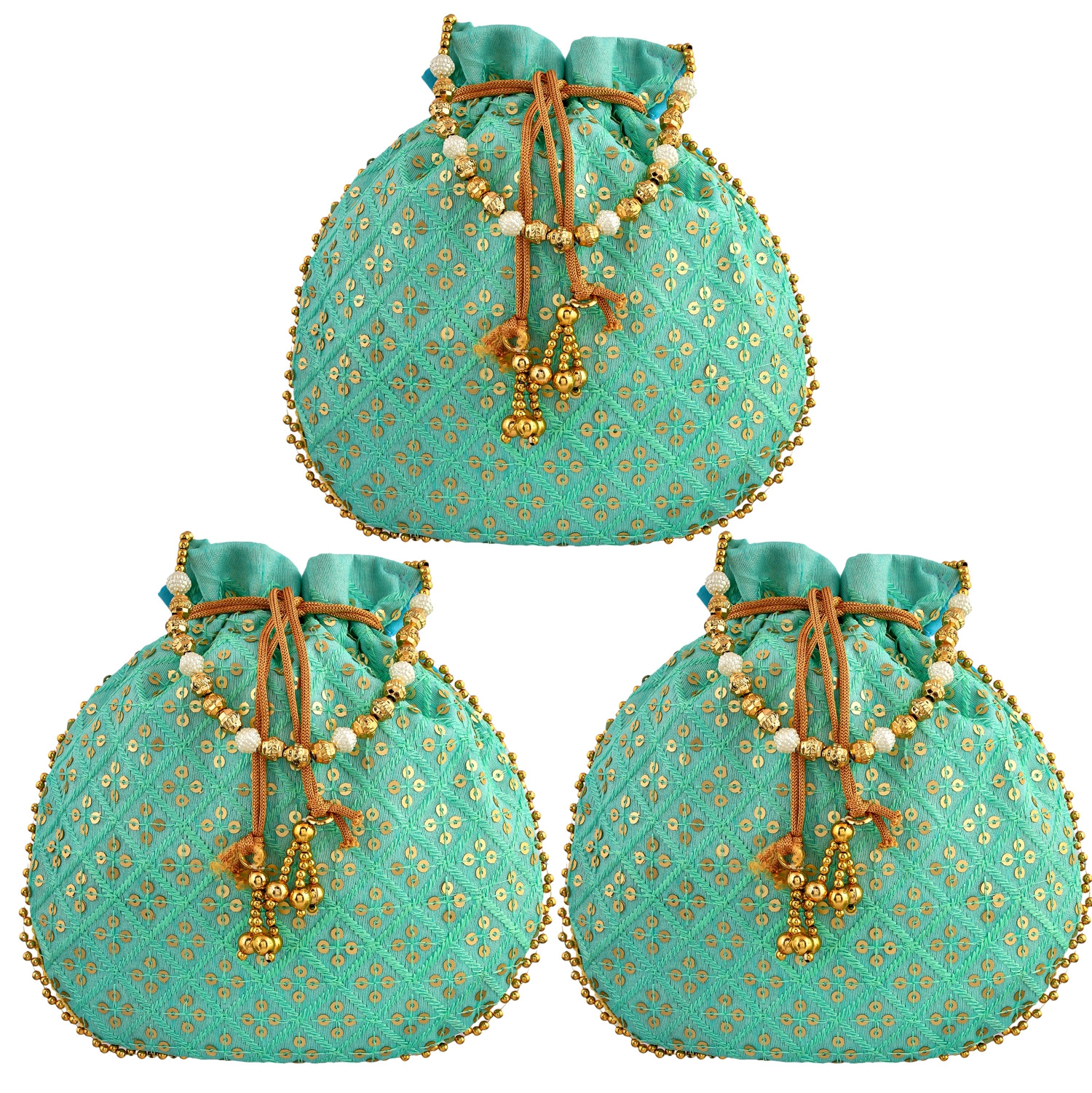 Kuber Industries Potli | Silk Wedding Potli | Drawstring Closure Potli | Wallet Potli | Christmas Gift Potli | Baby Shower Potli | Traditional Shagun Potli | Single Side Sequins-Potli | Firozi