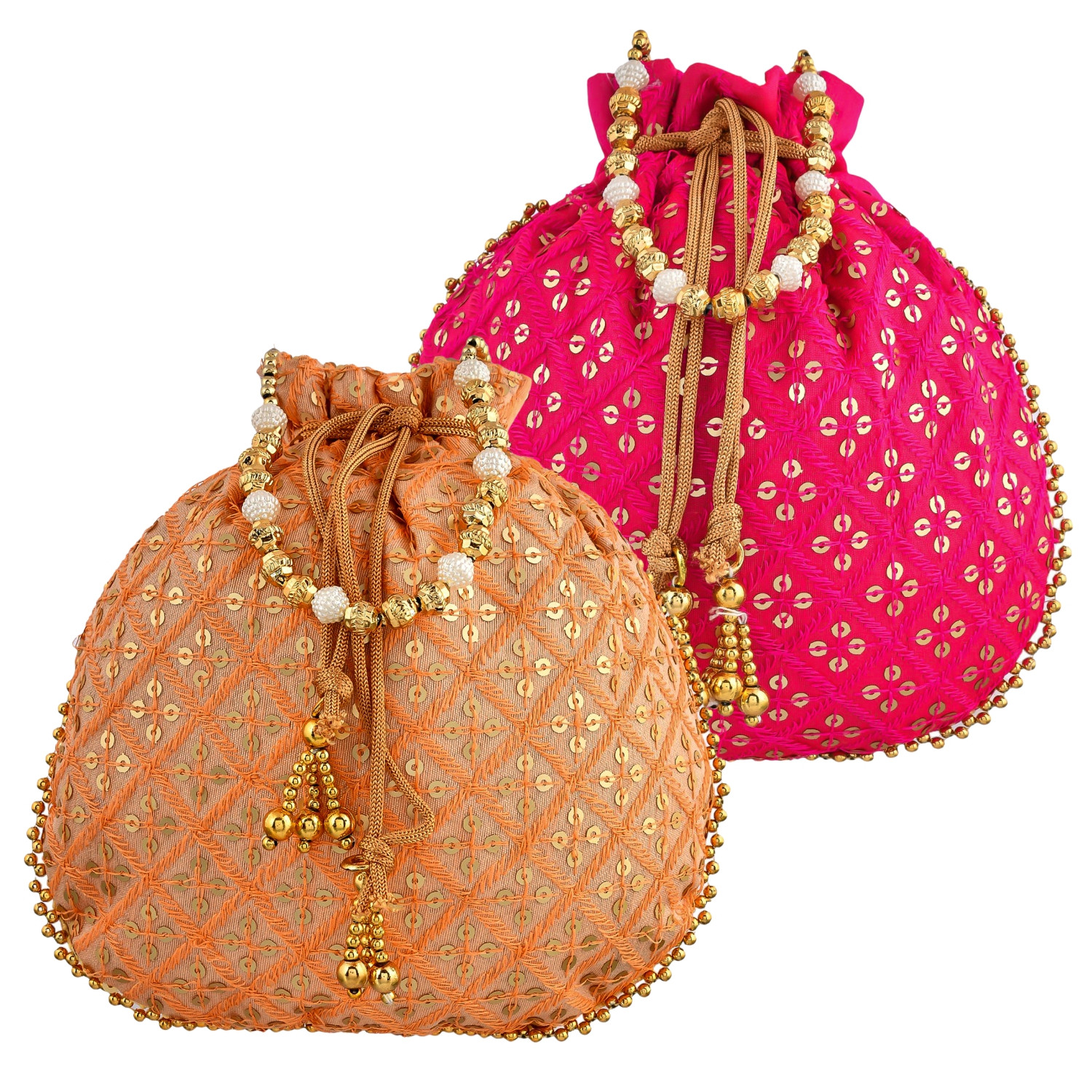 Kuber Industries Potli | Silk Wedding Potli | Drawstring Closure Potli | Wallet Potli | Christmas Gift Potli | Baby Shower Potli | Traditional Shagun Potli | Single Side Sequins-Potli | Pack of 2 | Multi