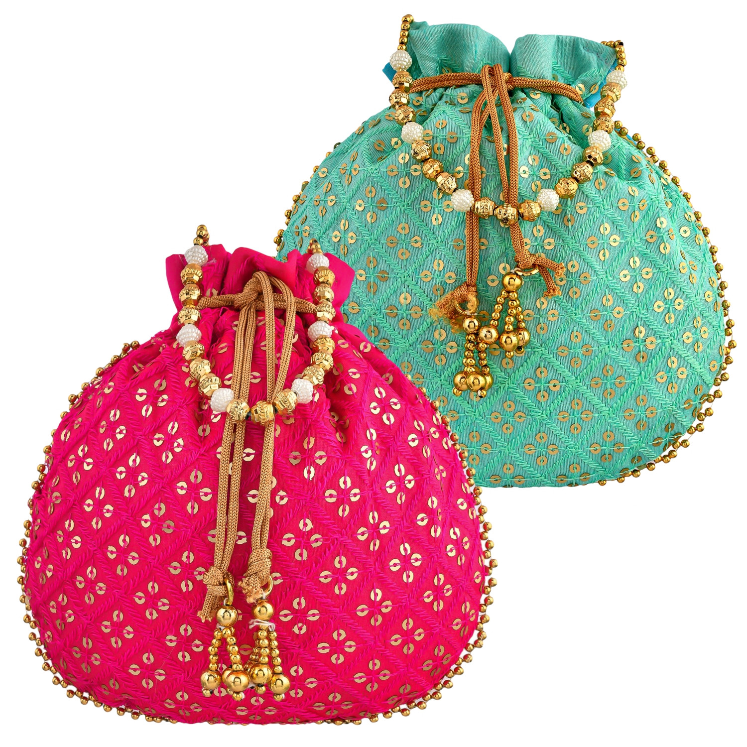 Kuber Industries Potli | Silk Wedding Potli | Drawstring Closure Potli | Wallet Potli | Christmas Gift Potli | Baby Shower Potli | Traditional Shagun Potli | Single Side Sequins-Potli | Pack of 2 | Multi