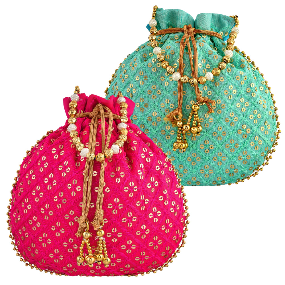 Kuber Industries Potli | Silk Wedding Potli | Drawstring Closure Potli | Wallet Potli | Christmas Gift Potli | Baby Shower Potli | Traditional Shagun Potli | Single Side Sequins-Potli | Pack of 2 | Multi