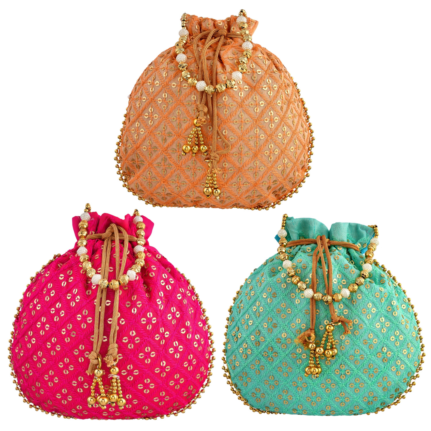 Kuber Industries Potli | Silk Wedding Potli | Drawstring Closure Potli | Wallet Potli | Christmas Gift Potli | Baby Shower Potli | Traditional Shagun Potli | Single Side Sequins-Potli | Pack of 3 | Multi