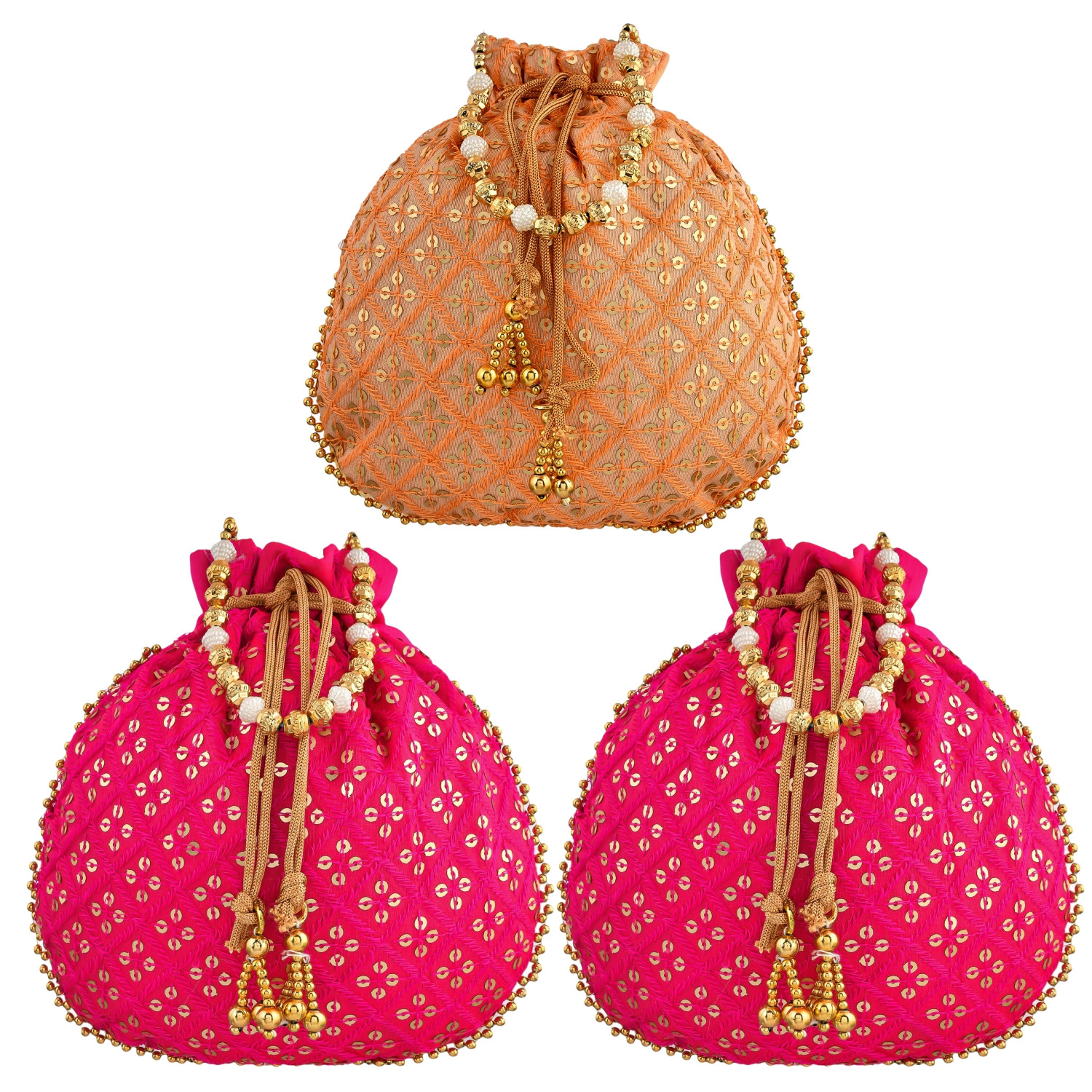 Kuber Industries Potli | Silk Wedding Potli | Drawstring Closure Potli | Wallet Potli | Christmas Gift Potli | Baby Shower Potli | Traditional Shagun Potli | Single Side Sequins-Potli | Pack of 3 | Multi