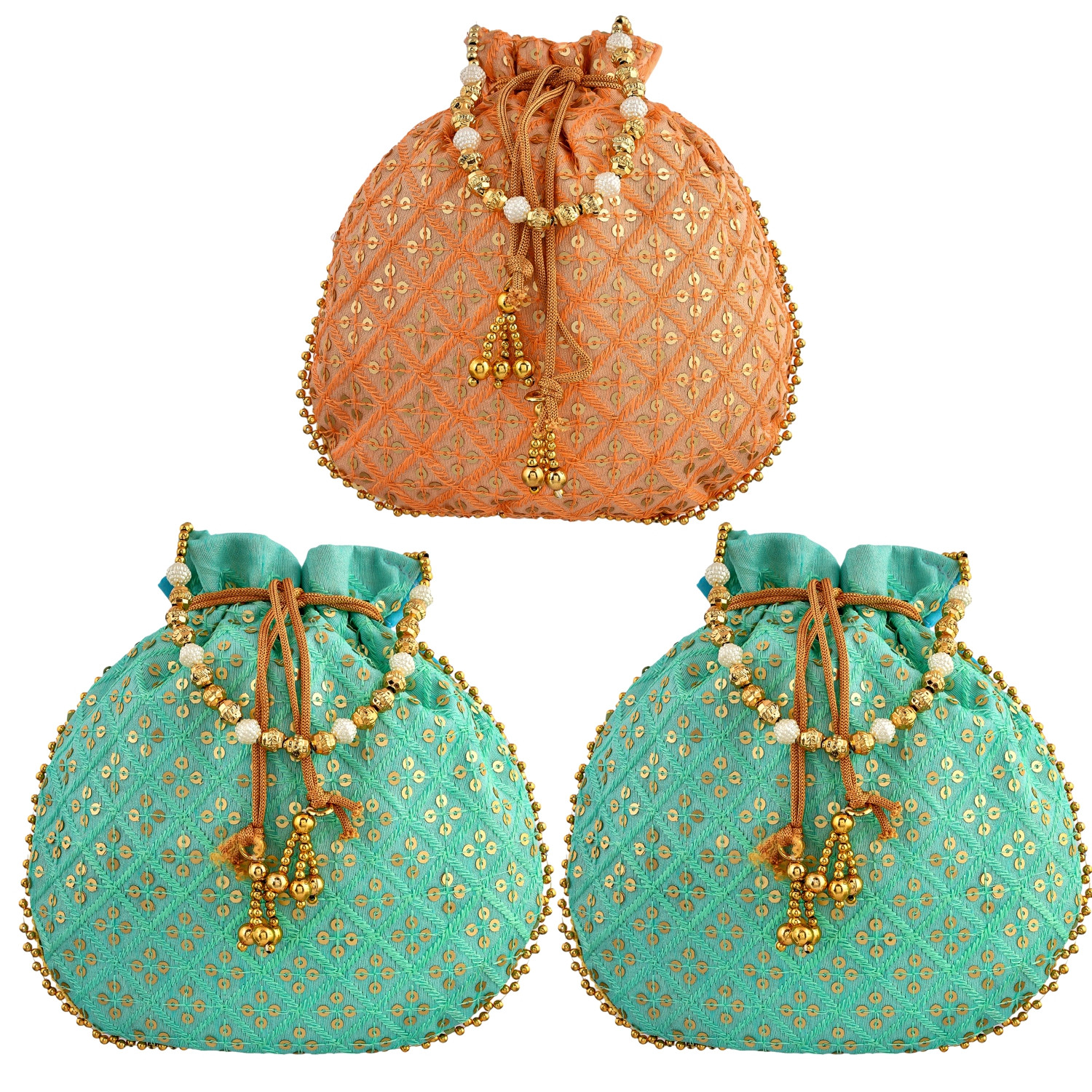 Kuber Industries Potli | Silk Wedding Potli | Drawstring Closure Potli | Wallet Potli | Christmas Gift Potli | Baby Shower Potli | Traditional Shagun Potli | Single Side Sequins-Potli | Pack of 3 | Multi