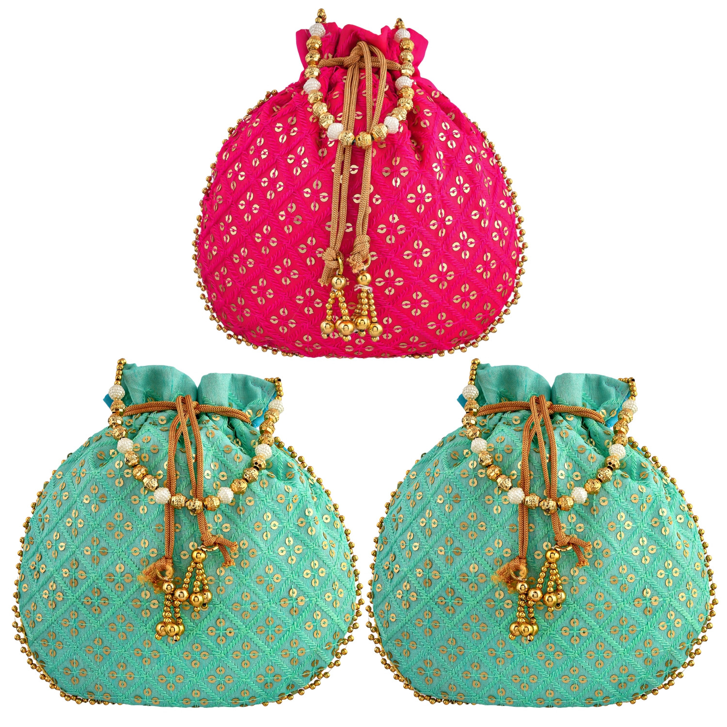 Kuber Industries Potli | Silk Wedding Potli | Drawstring Closure Potli | Wallet Potli | Christmas Gift Potli | Baby Shower Potli | Traditional Shagun Potli | Single Side Sequins-Potli | Pack of 3 | Multi