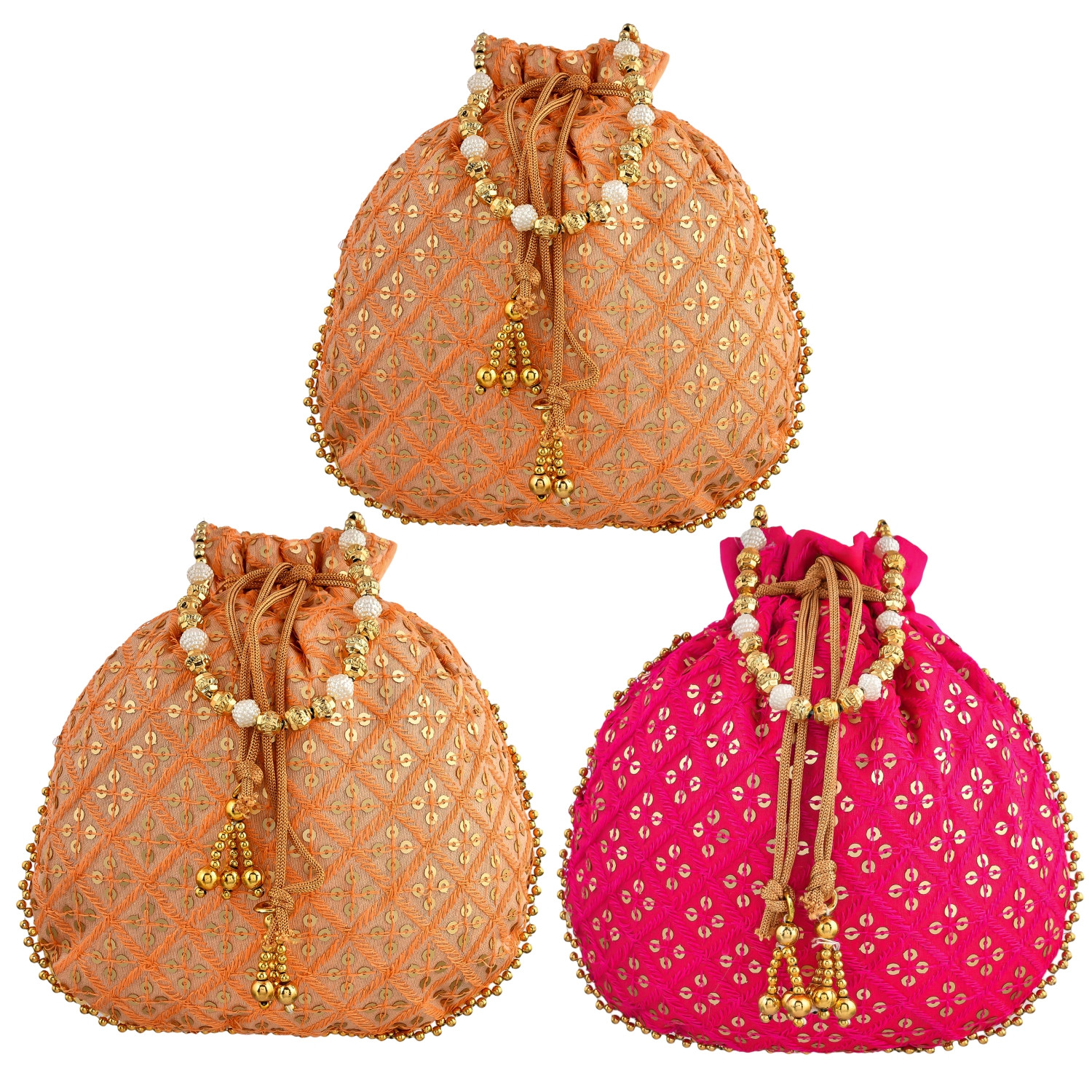 Kuber Industries Potli | Silk Wedding Potli | Drawstring Closure Potli | Wallet Potli | Christmas Gift Potli | Baby Shower Potli | Traditional Shagun Potli | Single Side Sequins-Potli | Pack of 3 | Multi