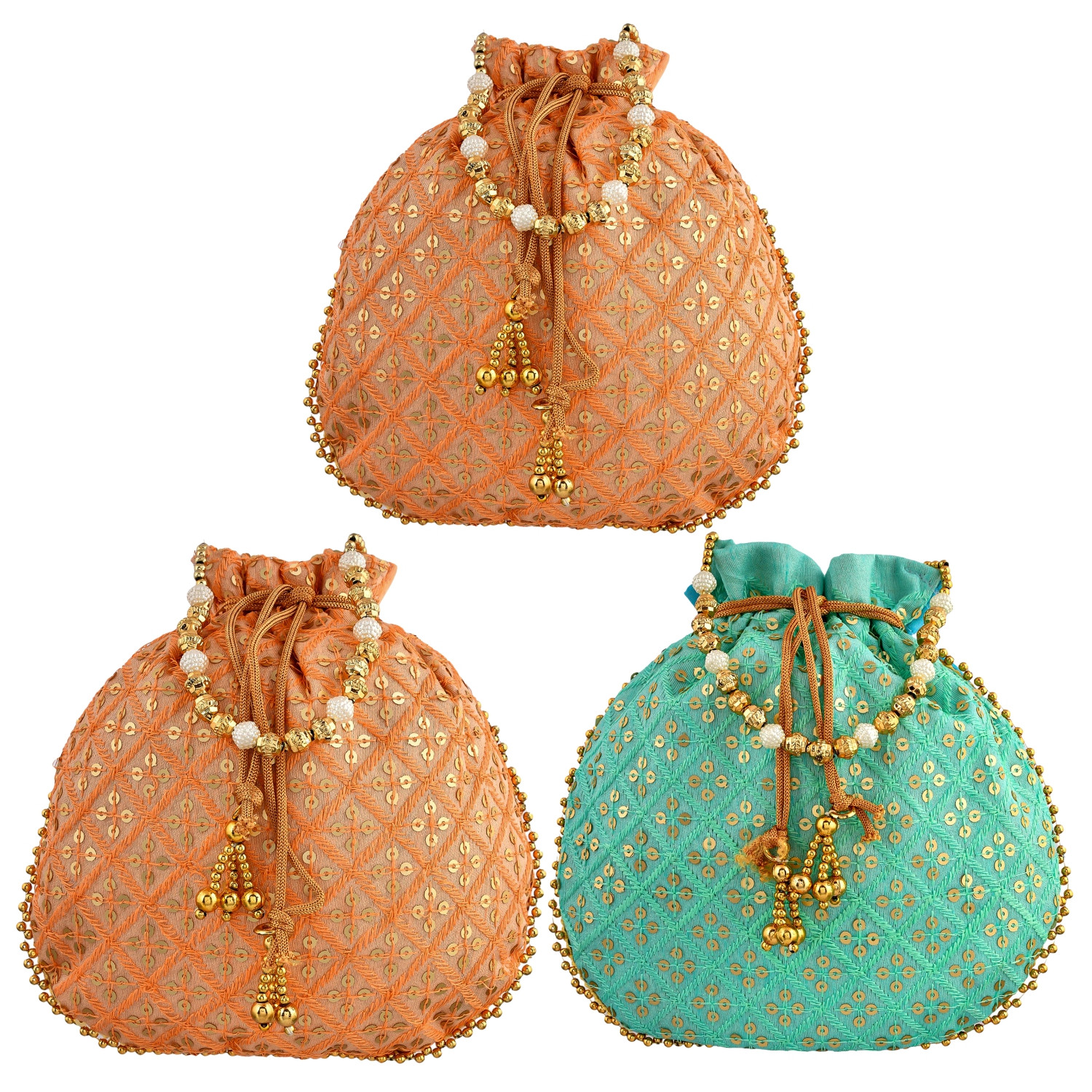 Kuber Industries Potli | Silk Wedding Potli | Drawstring Closure Potli | Wallet Potli | Christmas Gift Potli | Baby Shower Potli | Traditional Shagun Potli | Single Side Sequins-Potli | Pack of 3 | Multi