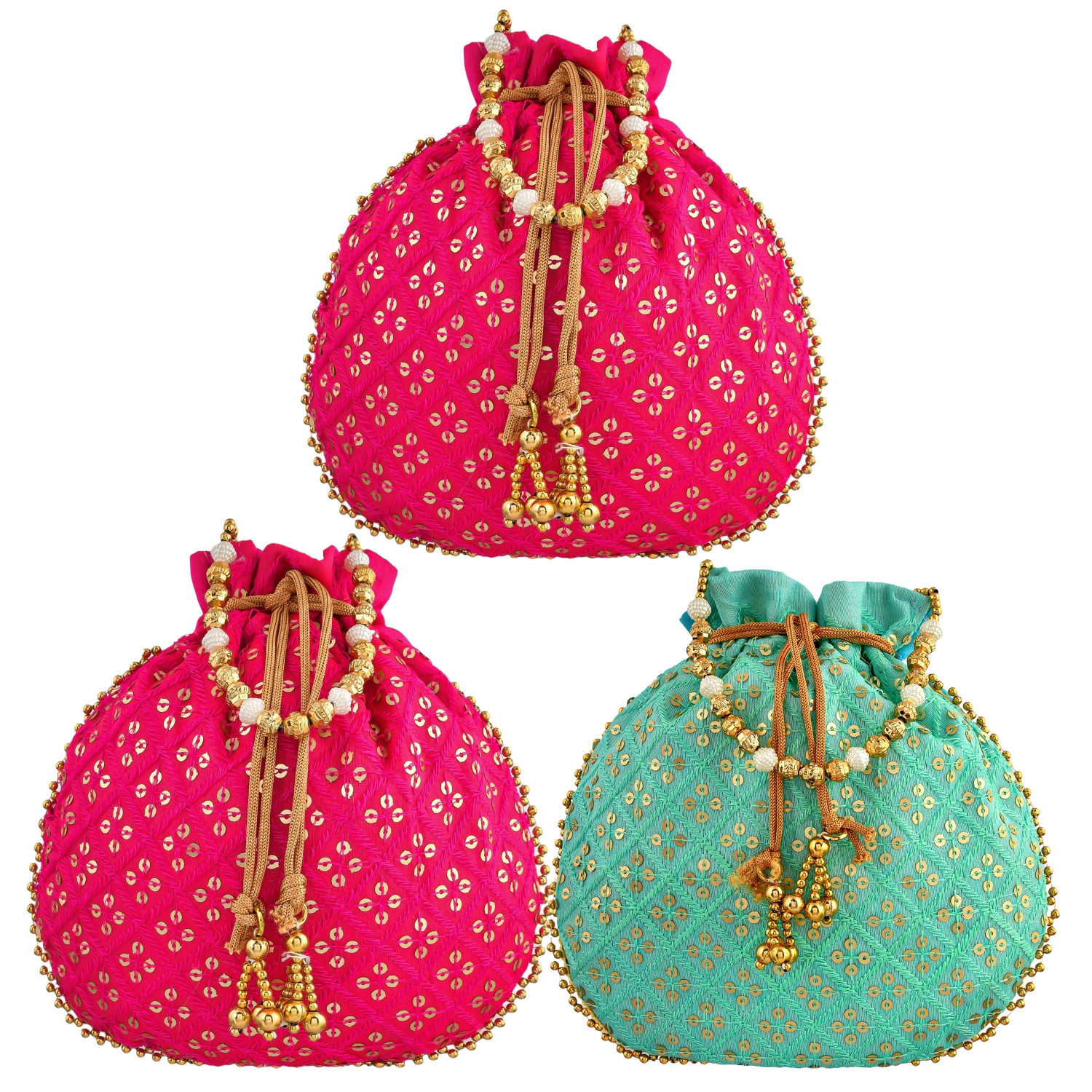 Kuber Industries Potli | Silk Wedding Potli | Drawstring Closure Potli | Wallet Potli | Christmas Gift Potli | Baby Shower Potli | Traditional Shagun Potli | Single Side Sequins-Potli | Pack of 3 | Multi