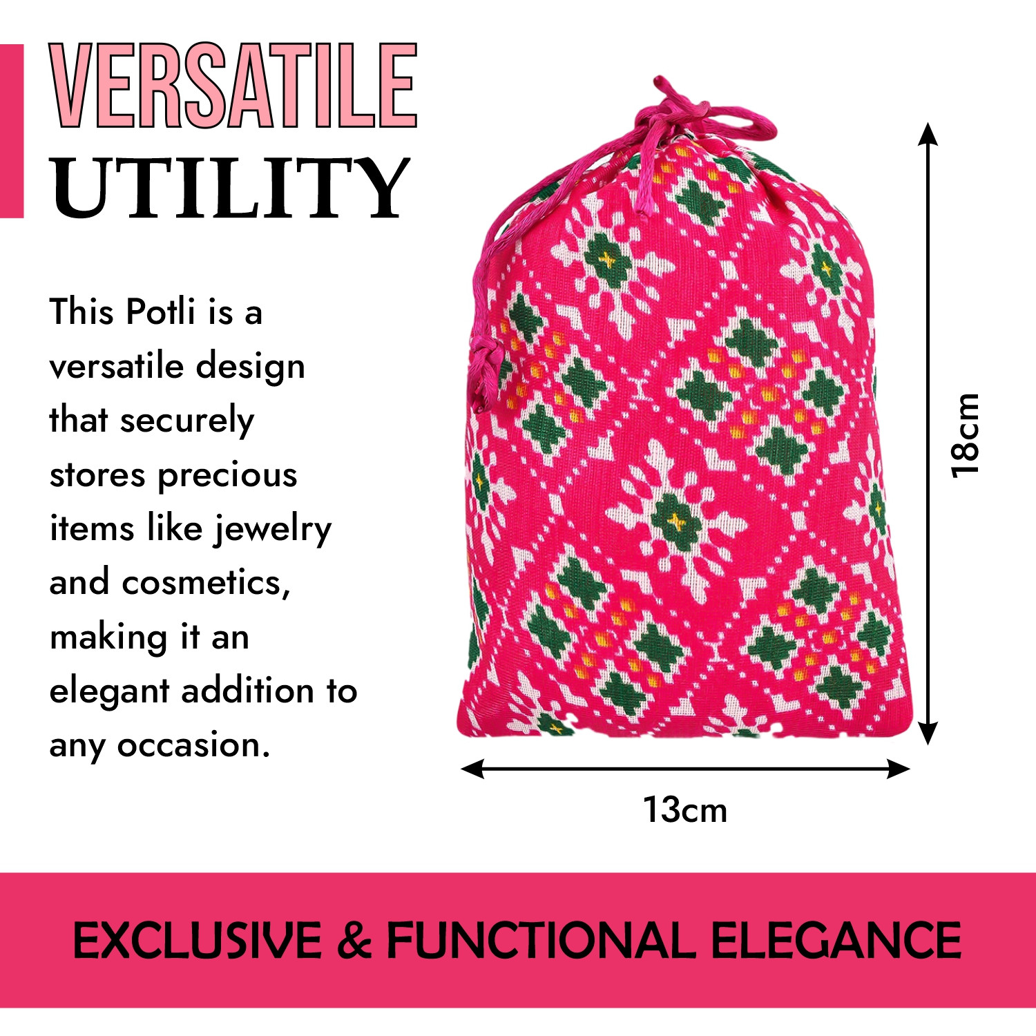 Kuber Industries Potli | Silk Wedding Potli | Drawstring Closure Potli | Wallet Potli | Christmas Gift Potli | Baby Shower Potli | Small-Patola-Print Potli | 5x7 Inch |Rani