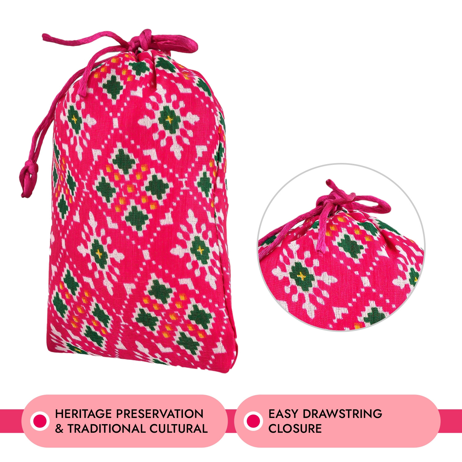 Kuber Industries Potli | Silk Wedding Potli | Drawstring Closure Potli | Wallet Potli | Christmas Gift Potli | Baby Shower Potli | Small-Patola-Print Potli | 5x7 Inch |Rani
