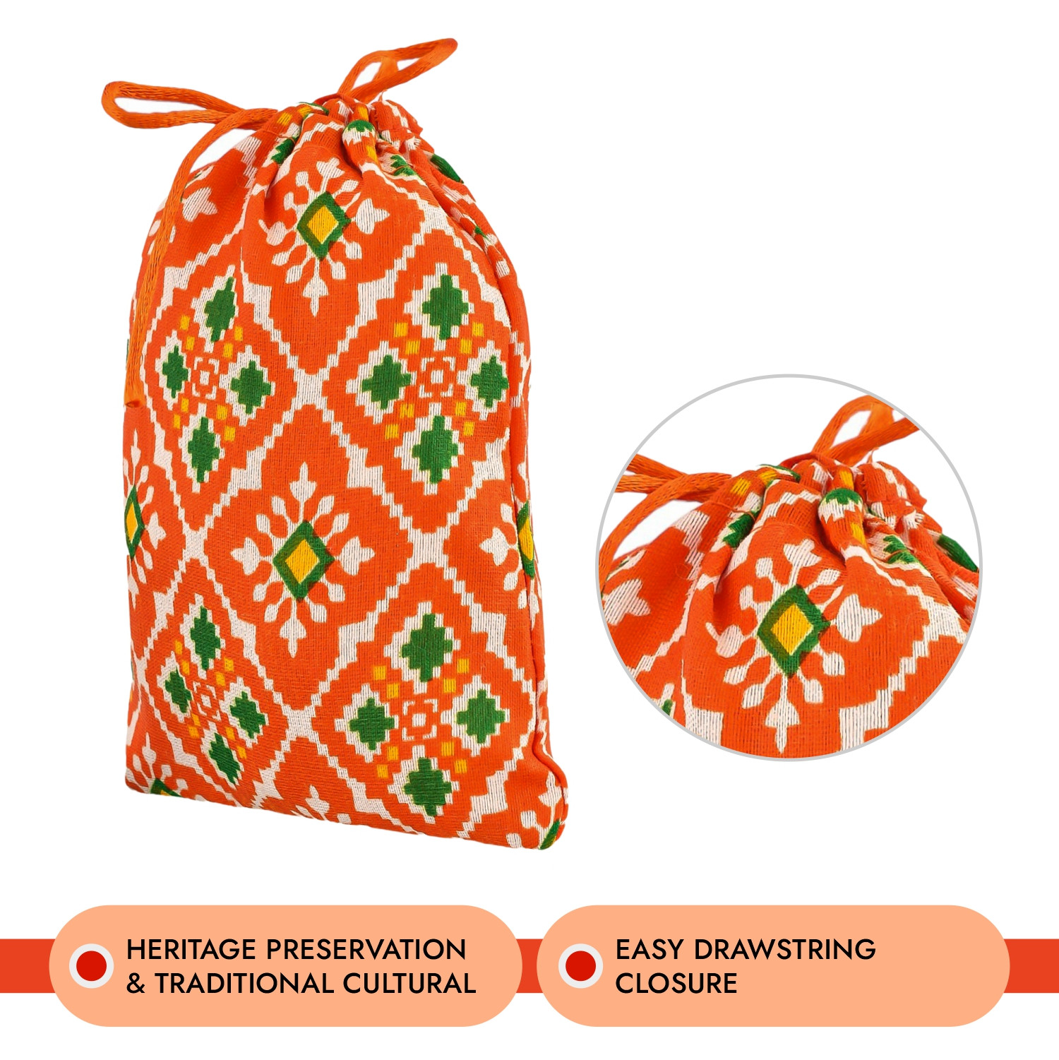 Kuber Industries Potli | Silk Wedding Potli | Drawstring Closure Potli | Wallet Potli | Christmas Gift Potli | Baby Shower Potli | Small-Patola-Print Potli | 5x7 Inch |Orange