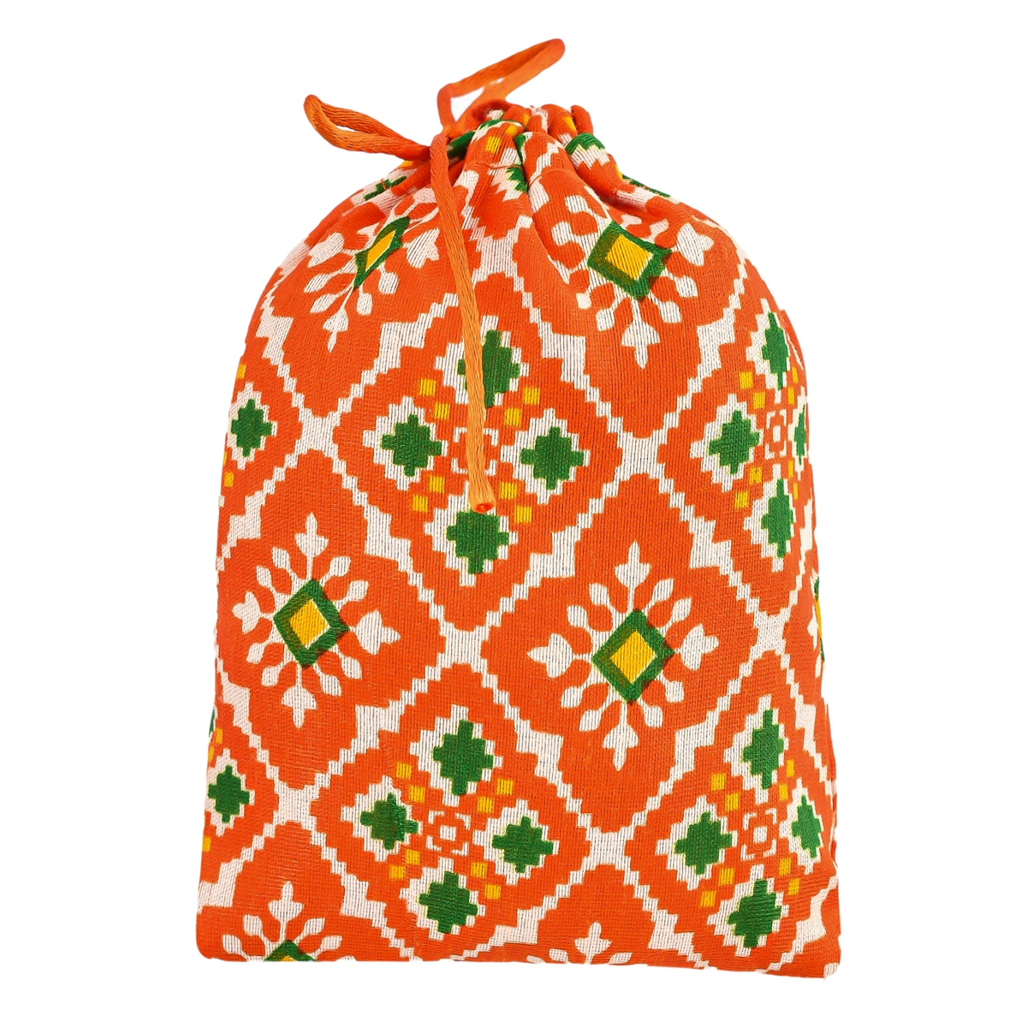 Kuber Industries Potli | Silk Wedding Potli | Drawstring Closure Potli | Wallet Potli | Christmas Gift Potli | Baby Shower Potli | Small-Patola-Print Potli | 5x7 Inch |Orange