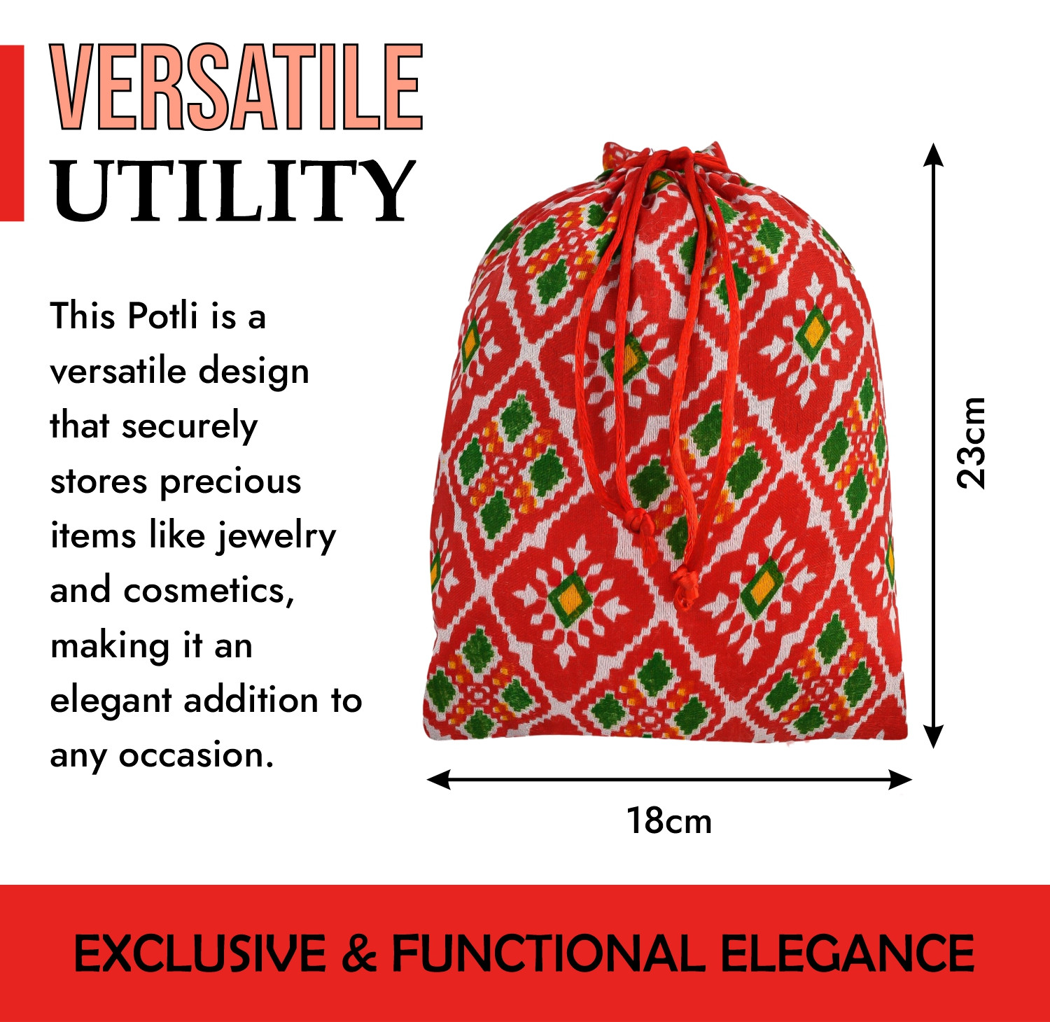 Kuber Industries Potli | Silk Wedding Potli | Drawstring Closure Potli | Wallet Potli | Christmas Gift Potli | Baby Shower Potli | Medium-Patola-Print Potli | 7x9 Inch |Red