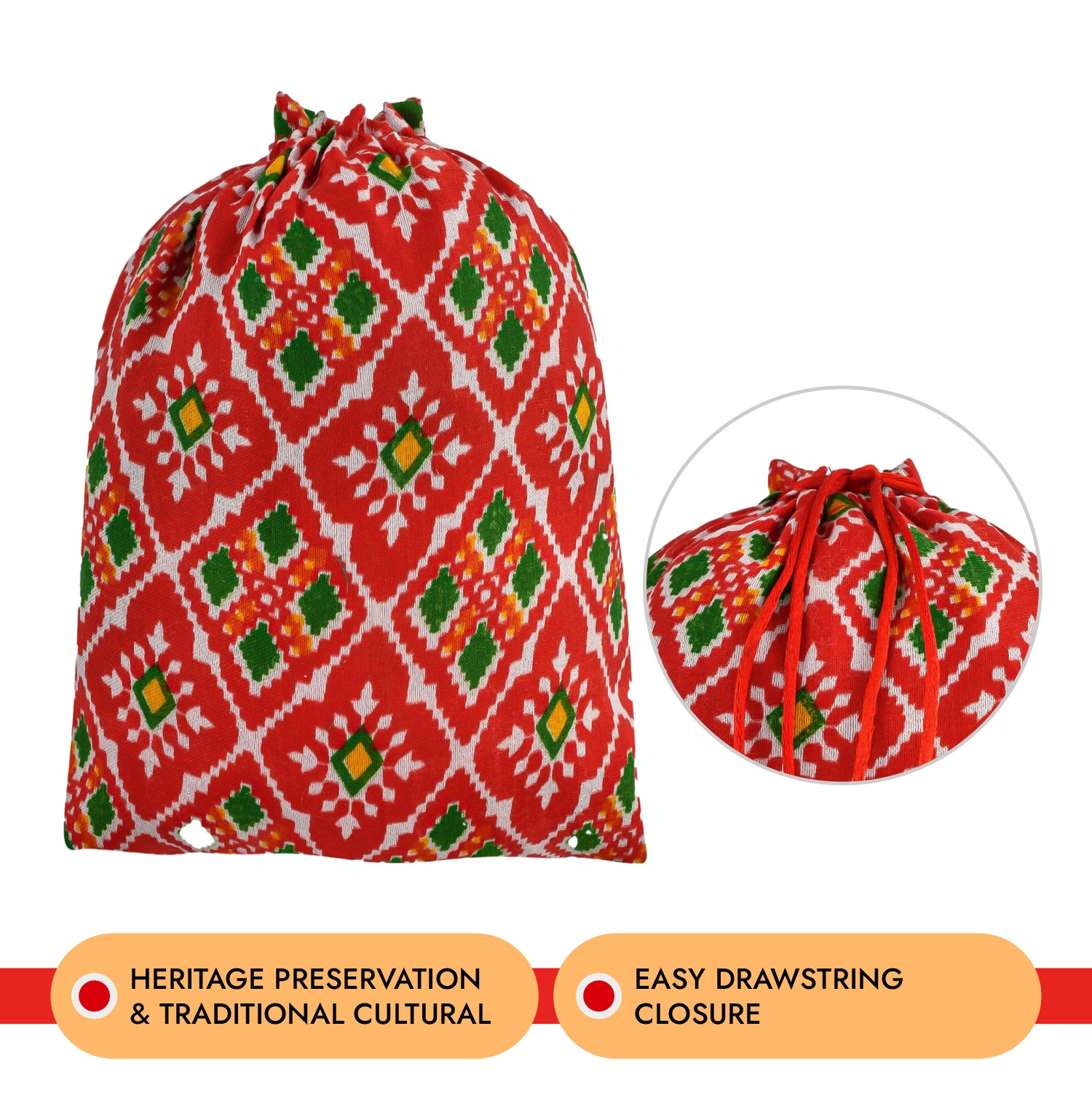 Kuber Industries Potli | Silk Wedding Potli | Drawstring Closure Potli | Wallet Potli | Christmas Gift Potli | Baby Shower Potli | Medium-Patola-Print Potli | 7x9 Inch |Red