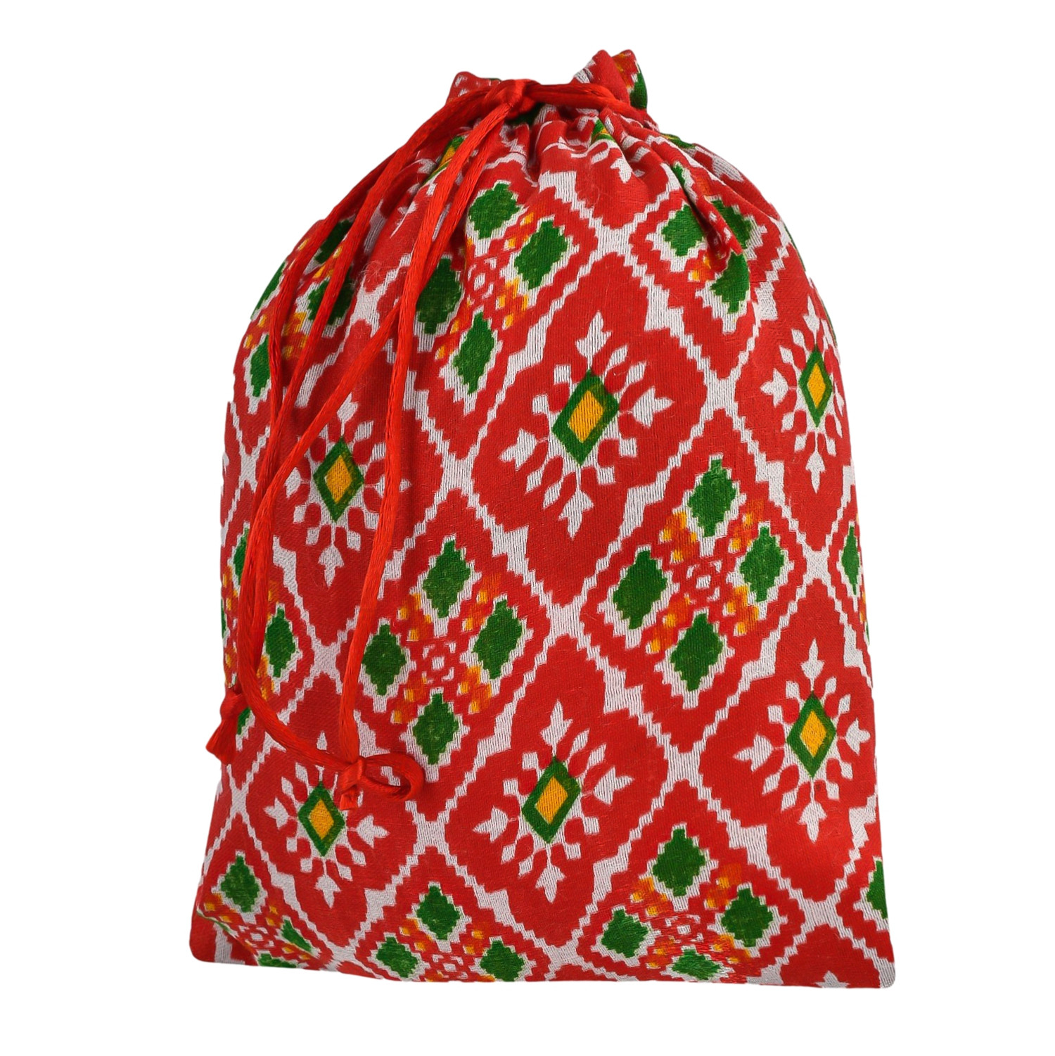 Kuber Industries Potli | Silk Wedding Potli | Drawstring Closure Potli | Wallet Potli | Christmas Gift Potli | Baby Shower Potli | Medium-Patola-Print Potli | 7x9 Inch |Red
