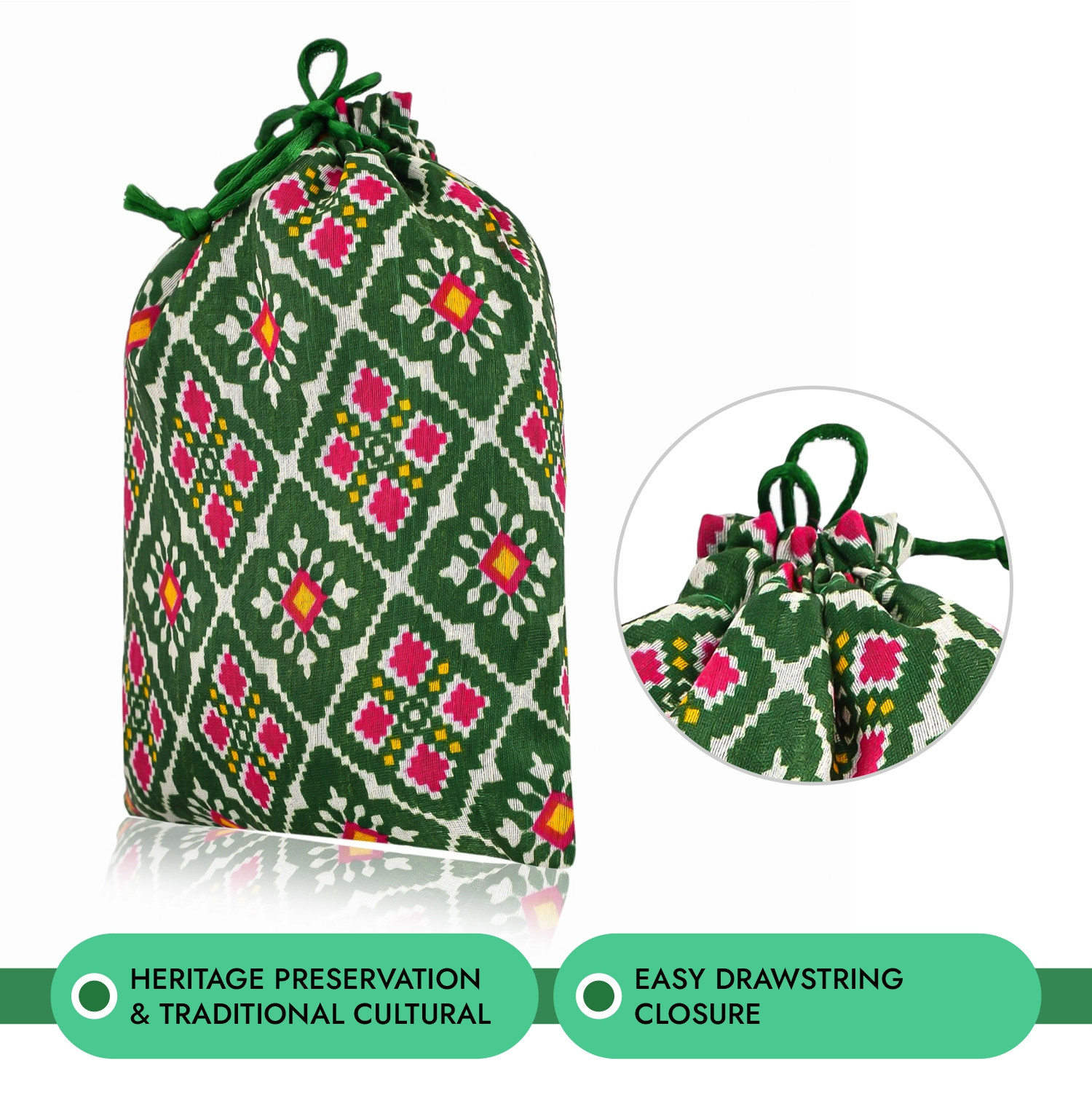 Kuber Industries Potli | Silk Wedding Potli | Drawstring Closure Potli | Wallet Potli | Christmas Gift Potli | Baby Shower Potli | Medium-Patola-Print Potli | 7x9 Inch | Green