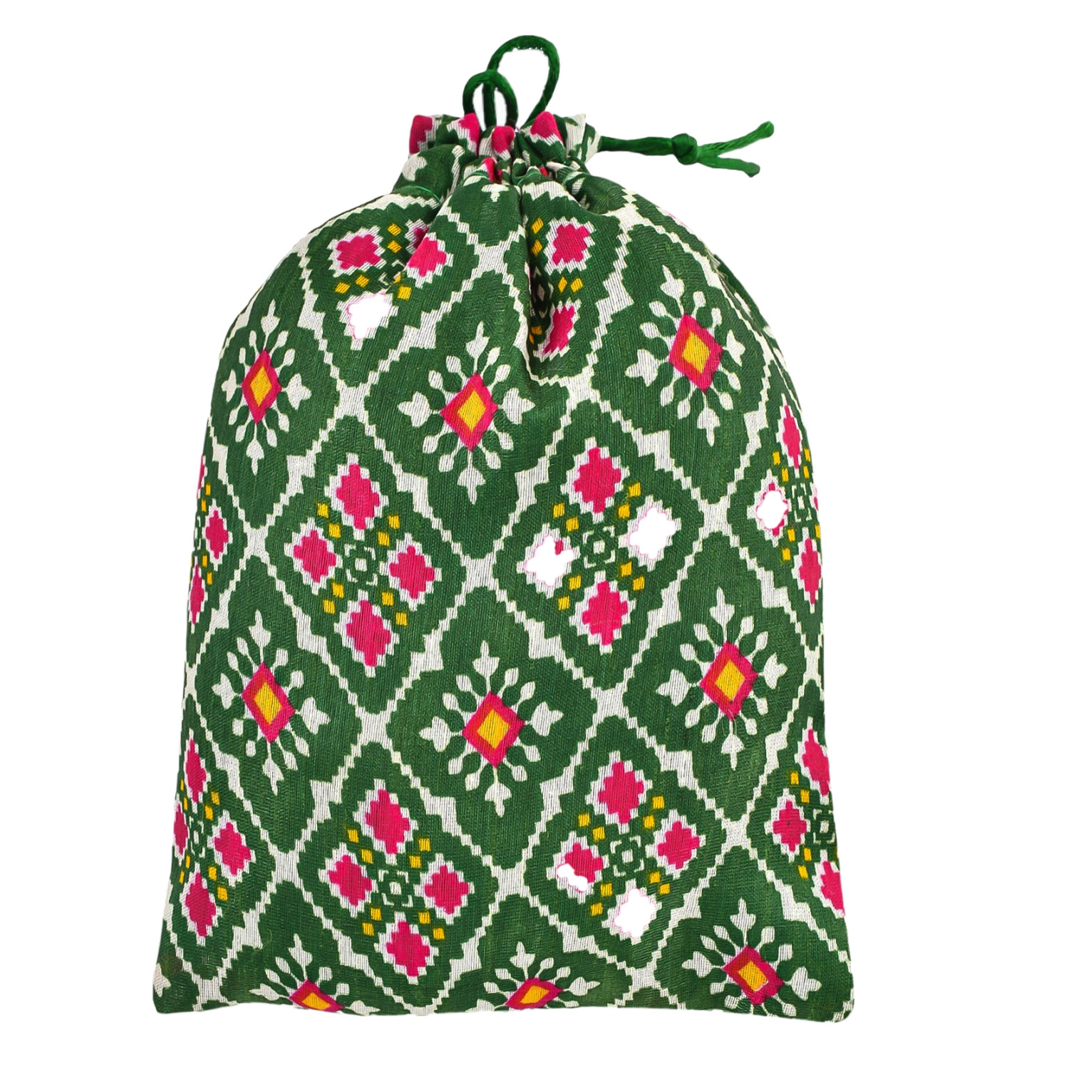 Kuber Industries Potli | Silk Wedding Potli | Drawstring Closure Potli | Wallet Potli | Christmas Gift Potli | Baby Shower Potli | Medium-Patola-Print Potli | 7x9 Inch | Green