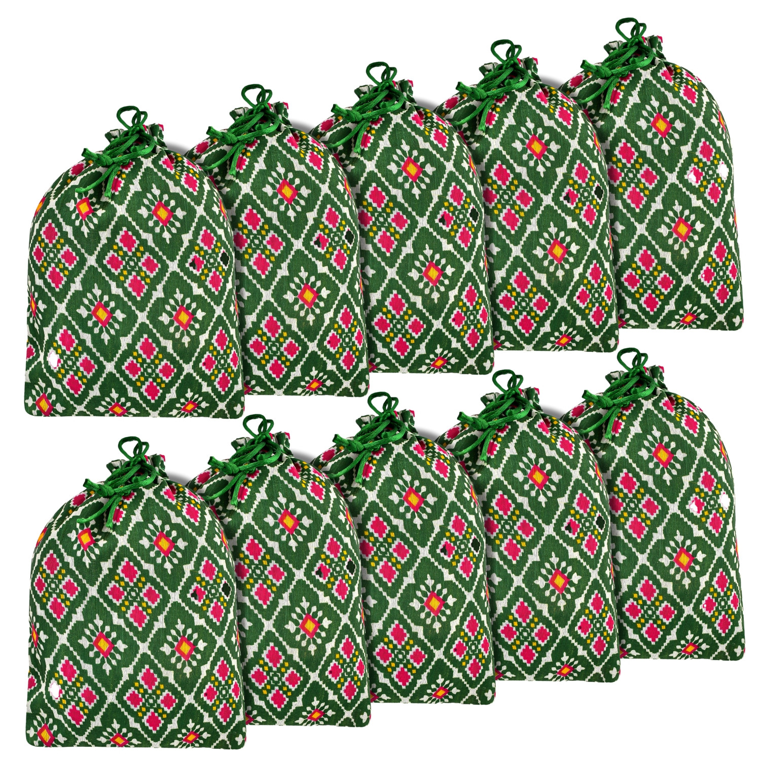 Kuber Industries Potli | Silk Wedding Potli | Drawstring Closure Potli | Wallet Potli | Christmas Gift Potli | Baby Shower Potli | Medium-Patola-Print Potli | 7x9 Inch | Green