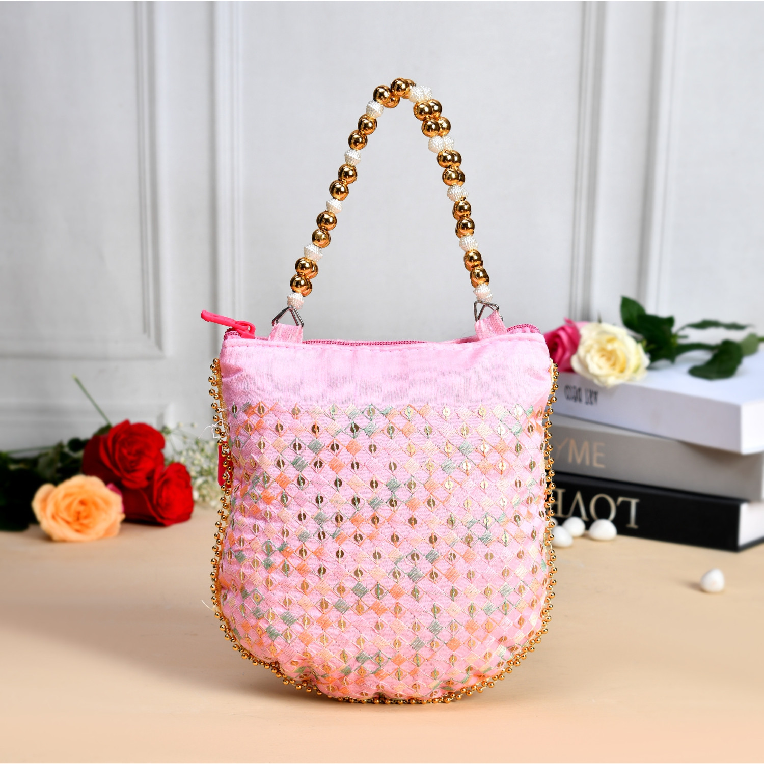 Kuber Industries Potli  Silk Wedding Potli  Wallet Potli  Christmas Gift Potli  Baby Shower Potli  Traditional Embroidery Potli  Shagun Potli  Double Handle Zip-Potli  Pink
