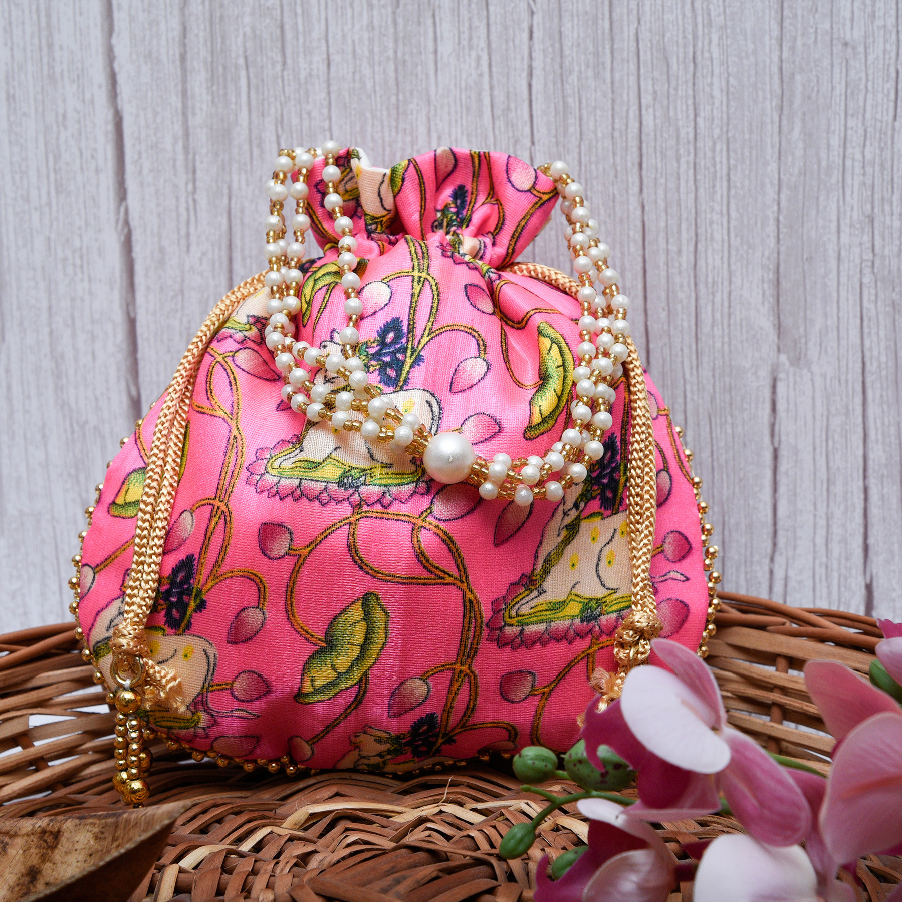 Kuber Industries Potli  Silk Wedding Potli  Wallet Potli  Christmas Gift Potli  Baby Shower Potli  Traditional Shagun Potli  Drawstring with Beads Handle Potli  Cow-Design Patli Potli  Pink