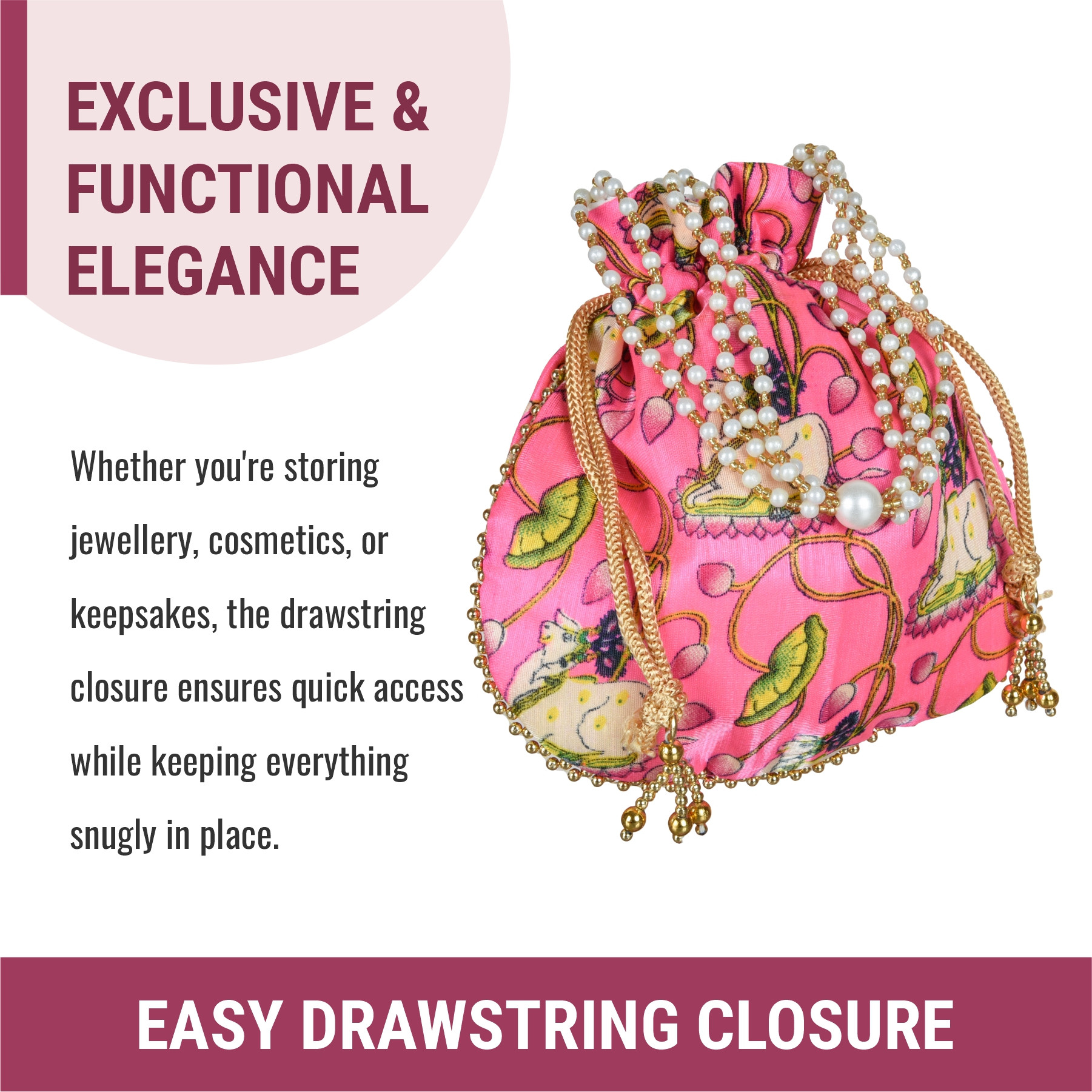 Kuber Industries Potli  Silk Wedding Potli  Wallet Potli  Christmas Gift Potli  Baby Shower Potli  Traditional Shagun Potli  Drawstring with Beads Handle Potli  Cow-Design Patli Potli  Pink