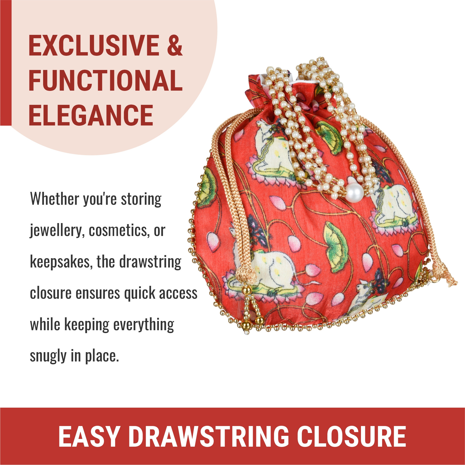 Kuber Industries Potli  Silk Wedding Potli  Wallet Potli  Christmas Gift Potli  Baby Shower Potli  Traditional Shagun Potli  Drawstring with Beads Handle Potli  Cow-Design Patli Potli  Red