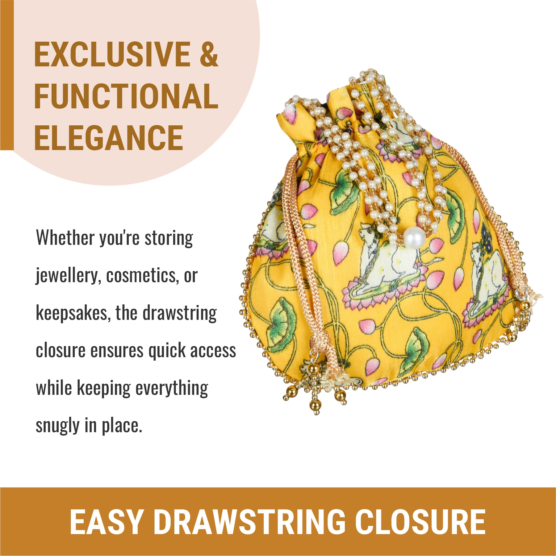 Kuber Industries Potli  Silk Wedding Potli  Wallet Potli  Christmas Gift Potli  Baby Shower Potli  Traditional Shagun Potli  Drawstring with Beads Handle Potli  Cow-Design Patli Potli  Yellow