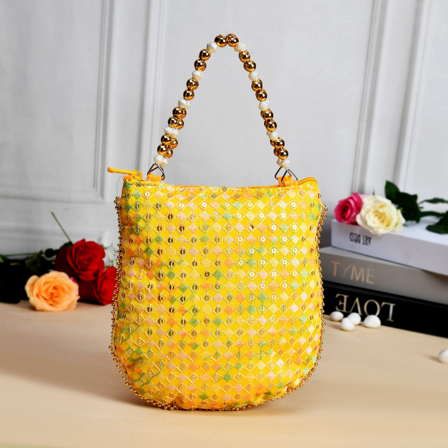 Kuber Industries Potli | Silk Wedding Potli | Wallet Potli | Christmas Gift Potli | Baby Shower Potli | Traditional Embroidery Potli | Shagun Potli | Double Handle Zip-Potli | Yellow