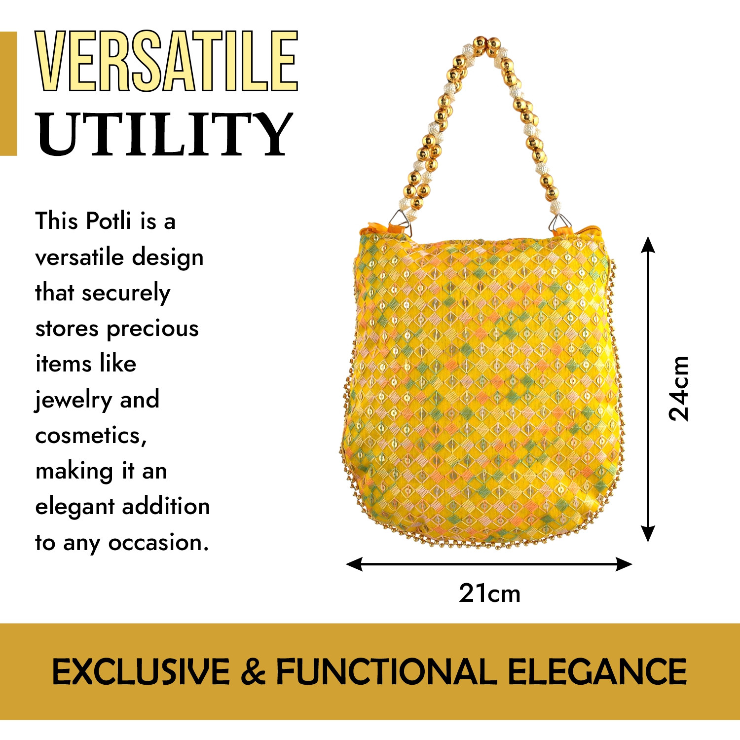 Kuber Industries Potli | Silk Wedding Potli | Wallet Potli | Christmas Gift Potli | Baby Shower Potli | Traditional Embroidery Potli | Shagun Potli | Double Handle Zip-Potli | Yellow
