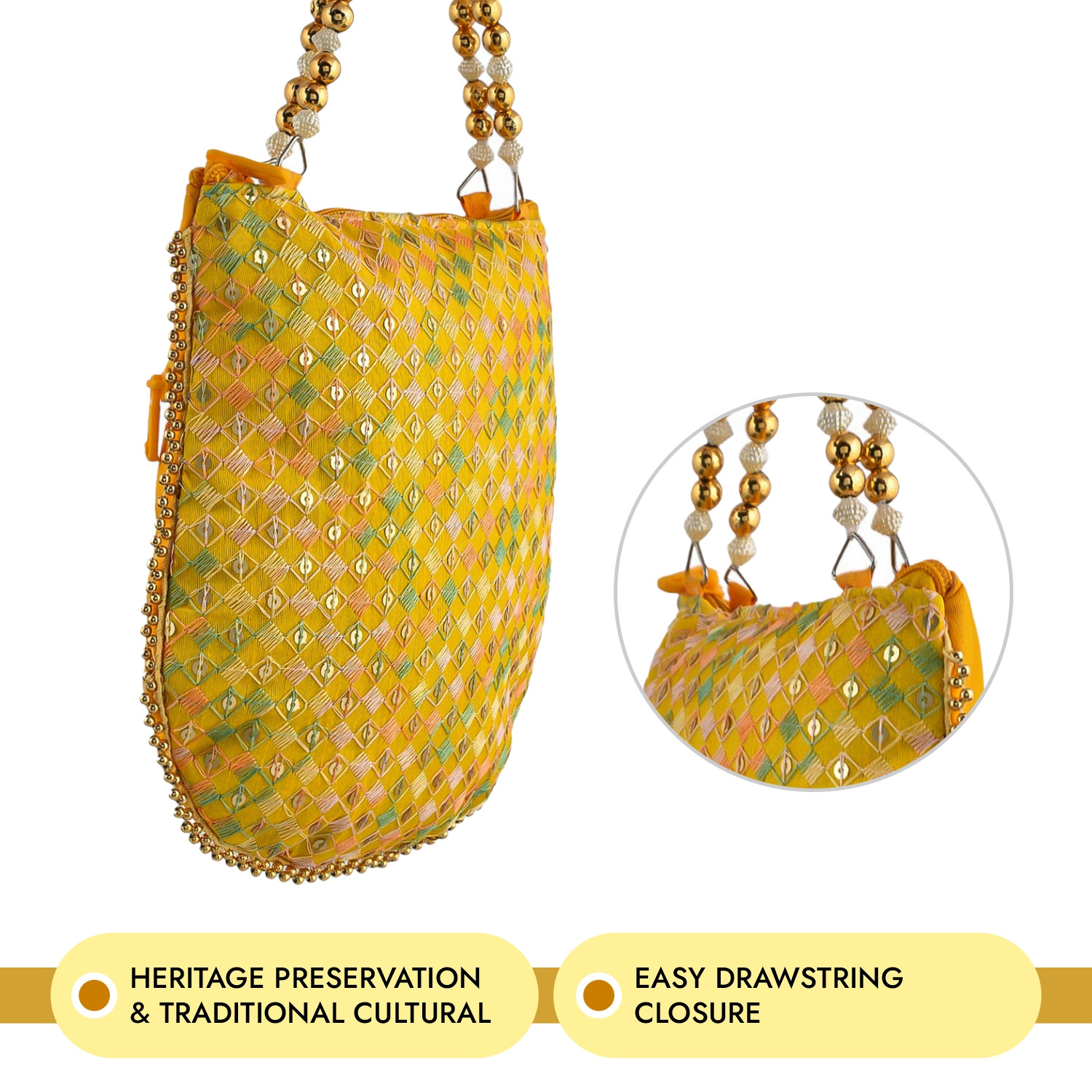 Kuber Industries Potli | Silk Wedding Potli | Wallet Potli | Christmas Gift Potli | Baby Shower Potli | Traditional Embroidery Potli | Shagun Potli | Double Handle Zip-Potli | Yellow