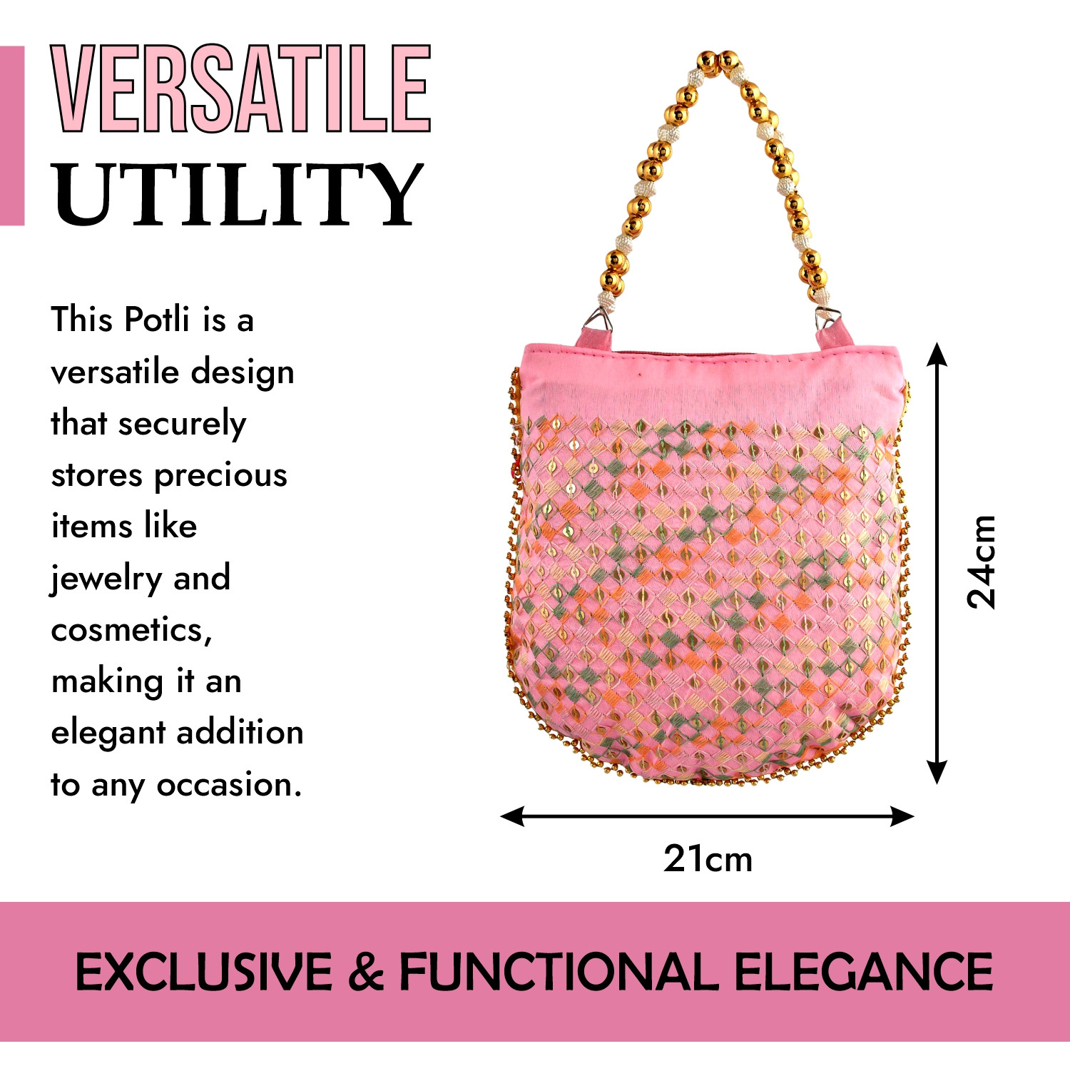 Kuber Industries Potli | Silk Wedding Potli | Wallet Potli | Christmas Gift Potli | Baby Shower Potli | Traditional Embroidery Potli | Shagun Potli | Double Handle Zip-Potli | Pink
