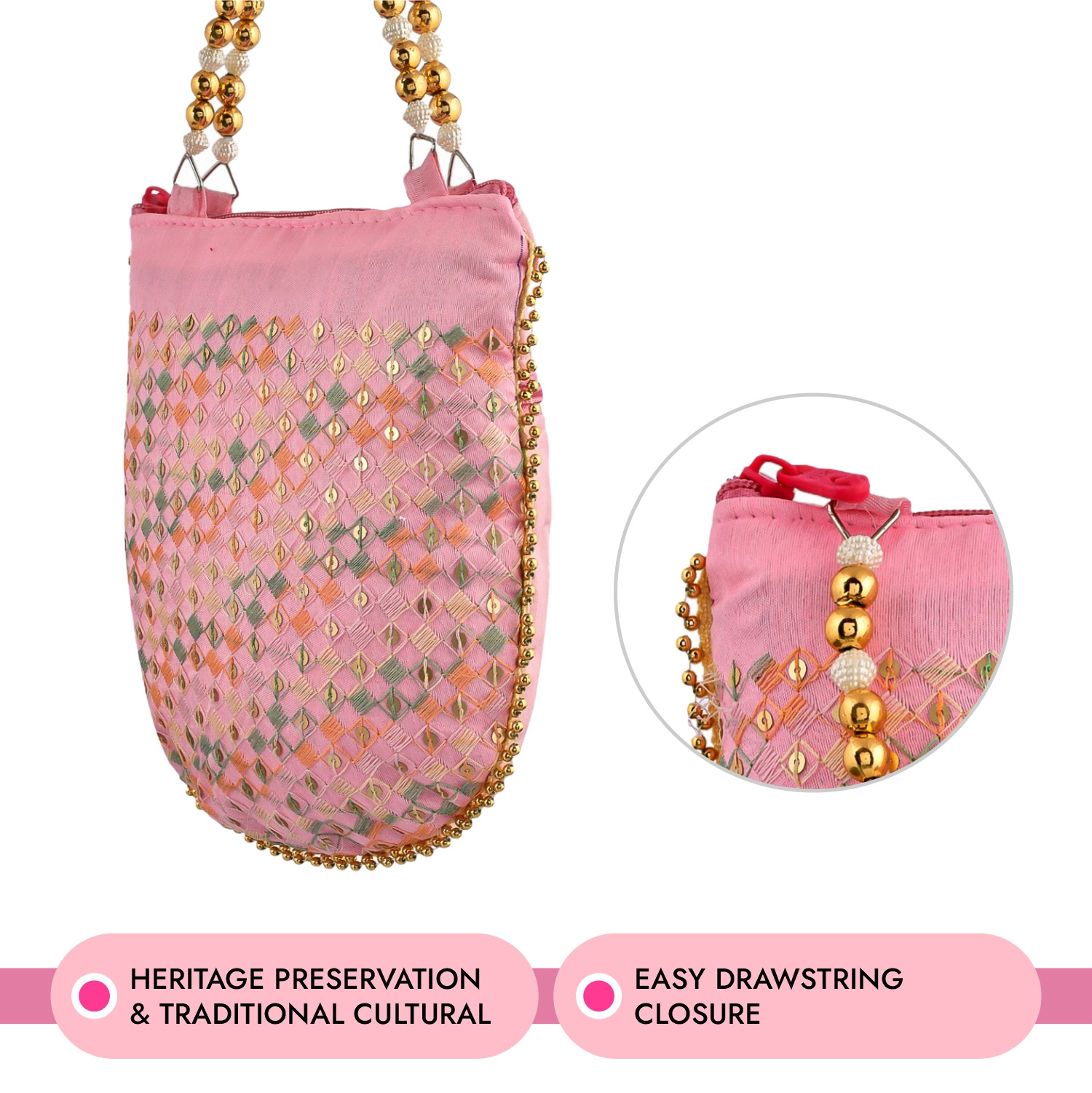 Kuber Industries Potli | Silk Wedding Potli | Wallet Potli | Christmas Gift Potli | Baby Shower Potli | Traditional Embroidery Potli | Shagun Potli | Double Handle Zip-Potli | Pink