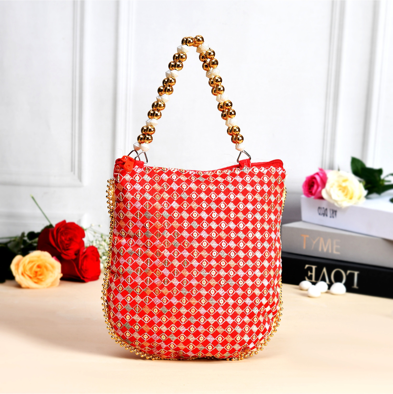 Kuber Industries Potli | Silk Wedding Potli | Wallet Potli | Christmas Gift Potli | Baby Shower Potli | Traditional Embroidery Potli | Shagun Potli | Double Handle Zip-Potli | Red