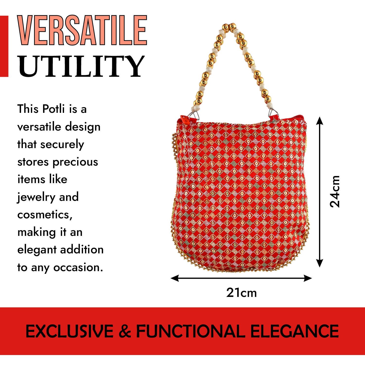 Kuber Industries Potli | Silk Wedding Potli | Wallet Potli | Christmas Gift Potli | Baby Shower Potli | Traditional Embroidery Potli | Shagun Potli | Double Handle Zip-Potli | Red