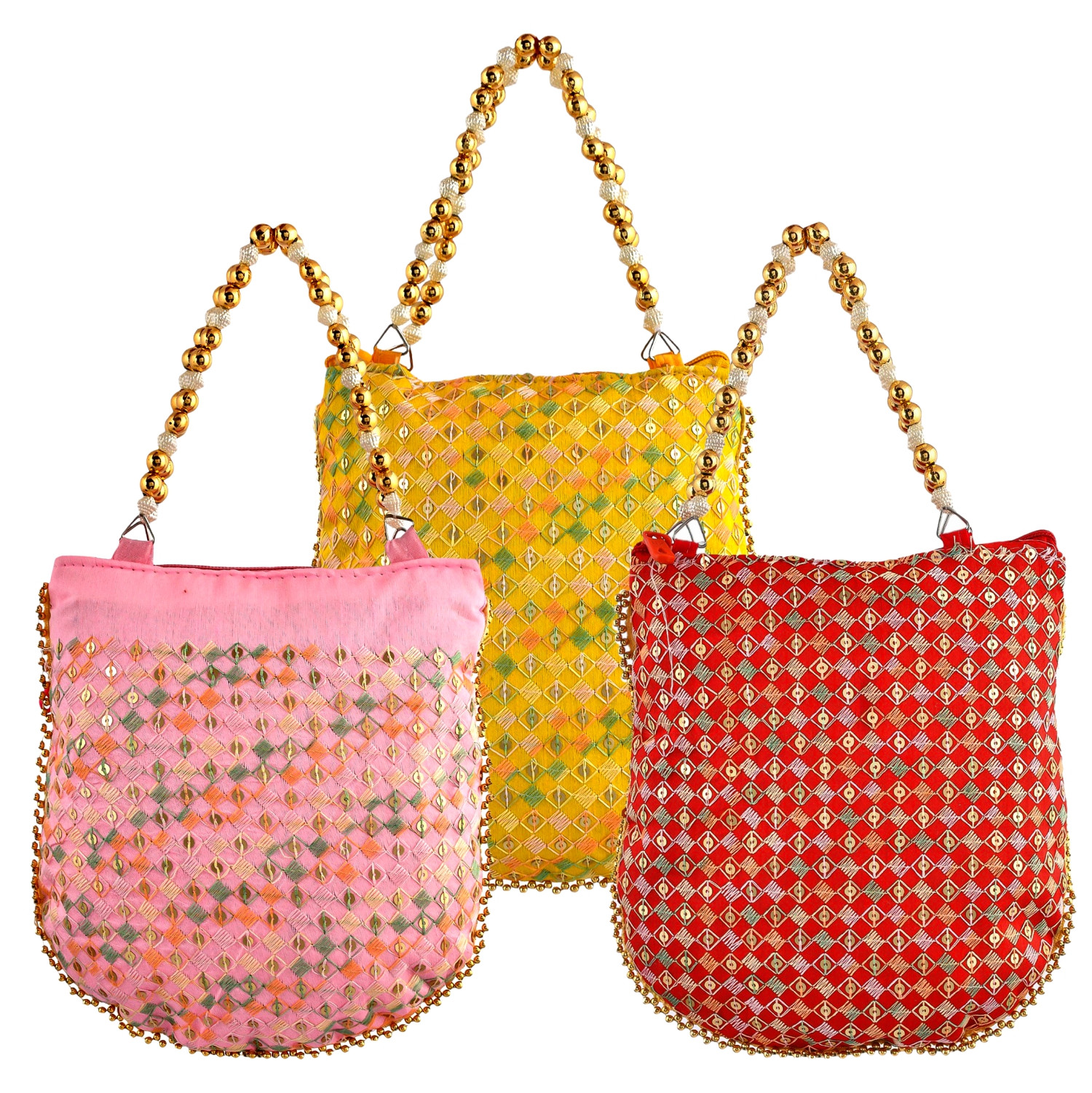 Kuber Industries Potli | Silk Wedding Potli | Wallet Potli | Christmas Gift Potli | Baby Shower Potli | Traditional Embroidery Potli | Shagun Potli | Double Handle Zip-Potli | Pack of 3 | Multi