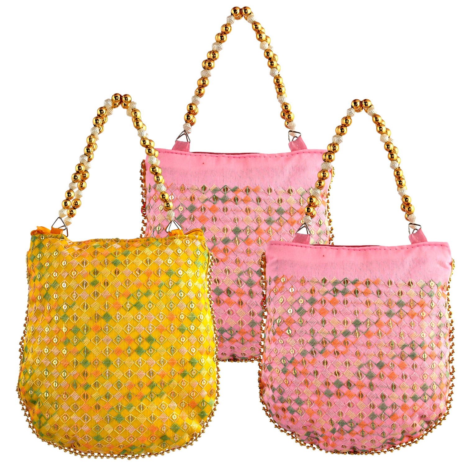 Kuber Industries Potli | Silk Wedding Potli | Wallet Potli | Christmas Gift Potli | Baby Shower Potli | Traditional Embroidery Potli | Shagun Potli | Double Handle Zip-Potli | Pack of 3 | Multi